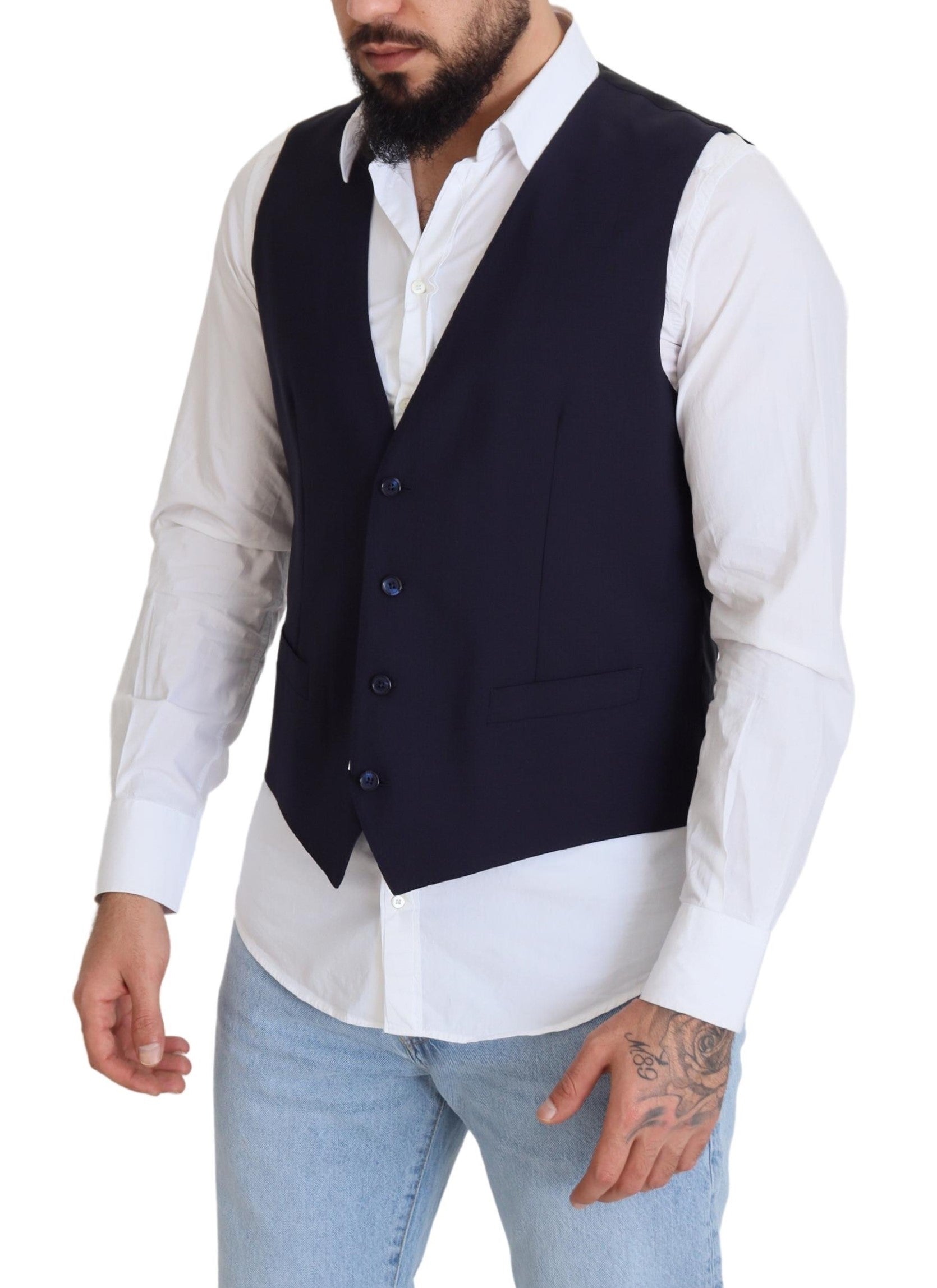 Dolce & Gabbana Dark Blue Wool Stretch Waistcoat Formal Vest -  Vests for Men Suits -  Dolce & Gabbana.