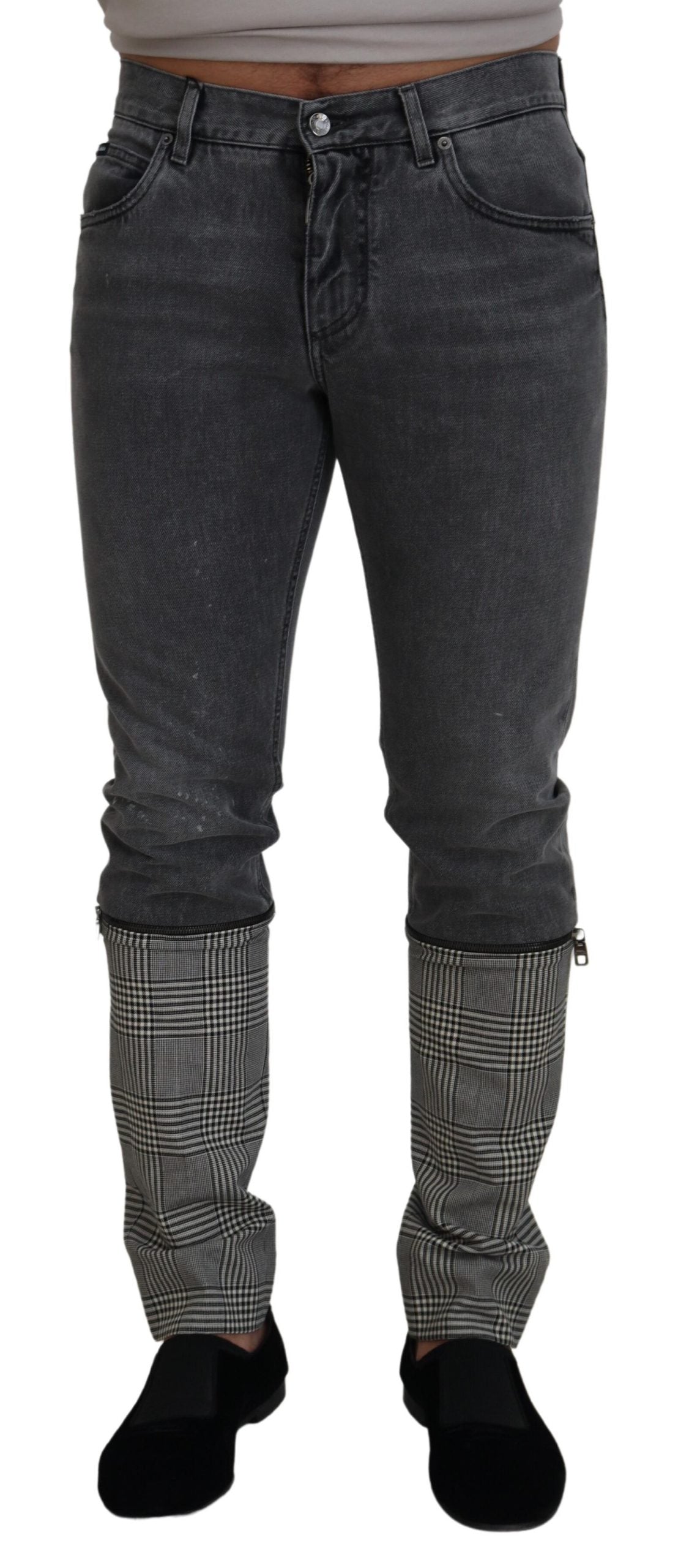 Dolce & Gabbana Gray Cotton Checkered Leg Men Denim Jeans -   -  Dolce & Gabbana.
