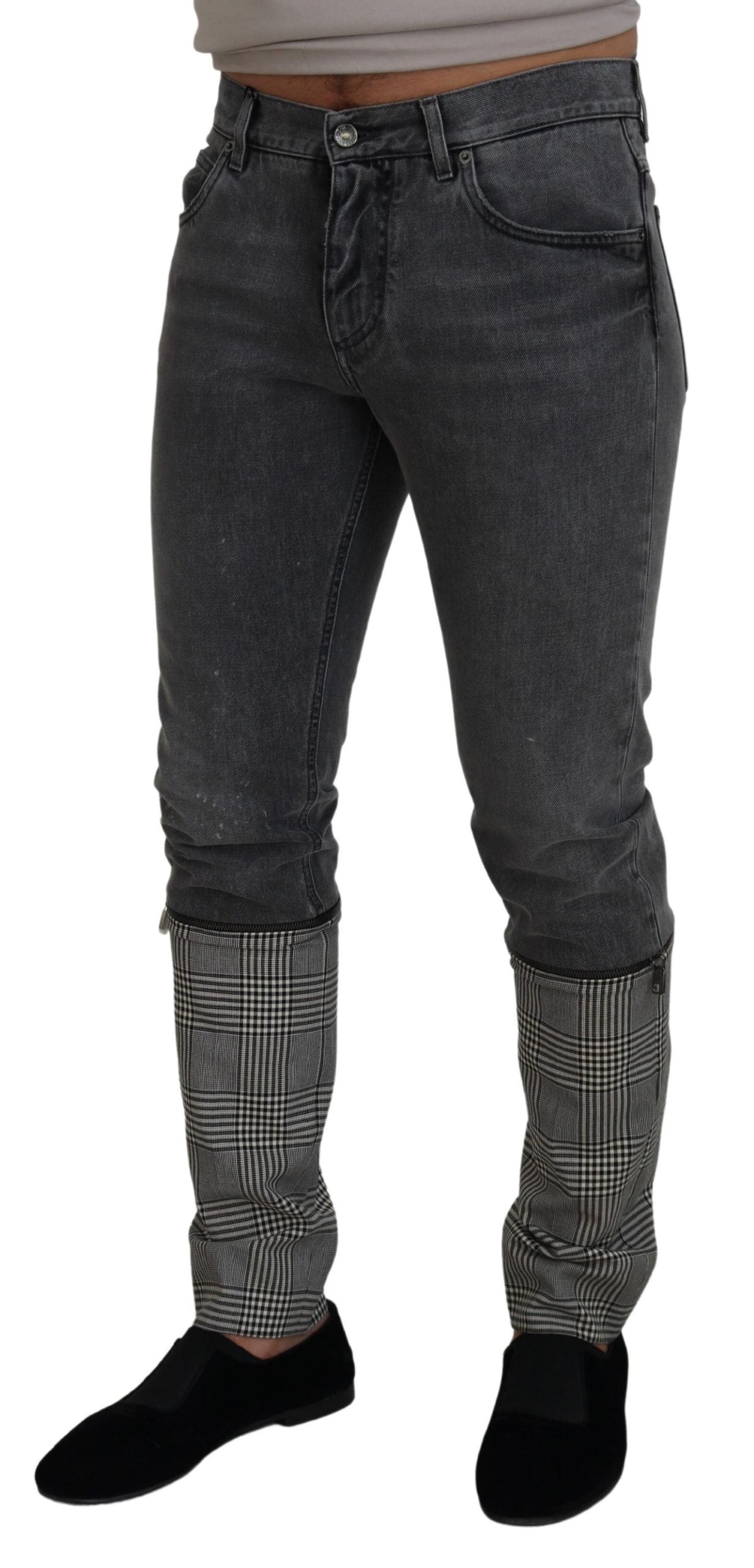 Dolce & Gabbana Gray Cotton Checkered Leg Men Denim Jeans -   -  Dolce & Gabbana.
