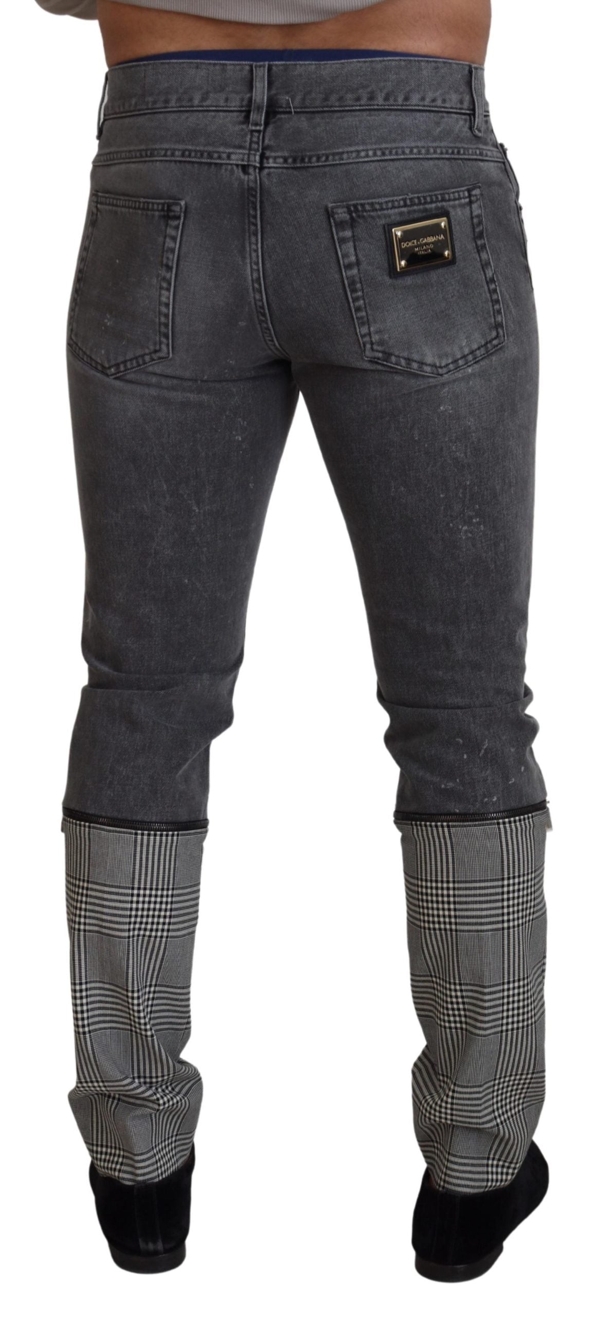 Dolce & Gabbana Gray Cotton Checkered Leg Men Denim Jeans -   -  Dolce & Gabbana.