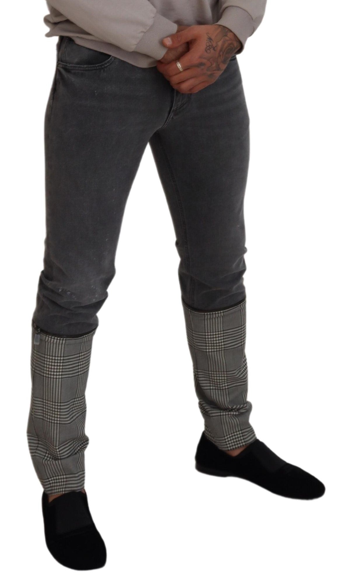 Dolce & Gabbana Gray Cotton Checkered Leg Men Denim Jeans -   -  Dolce & Gabbana.