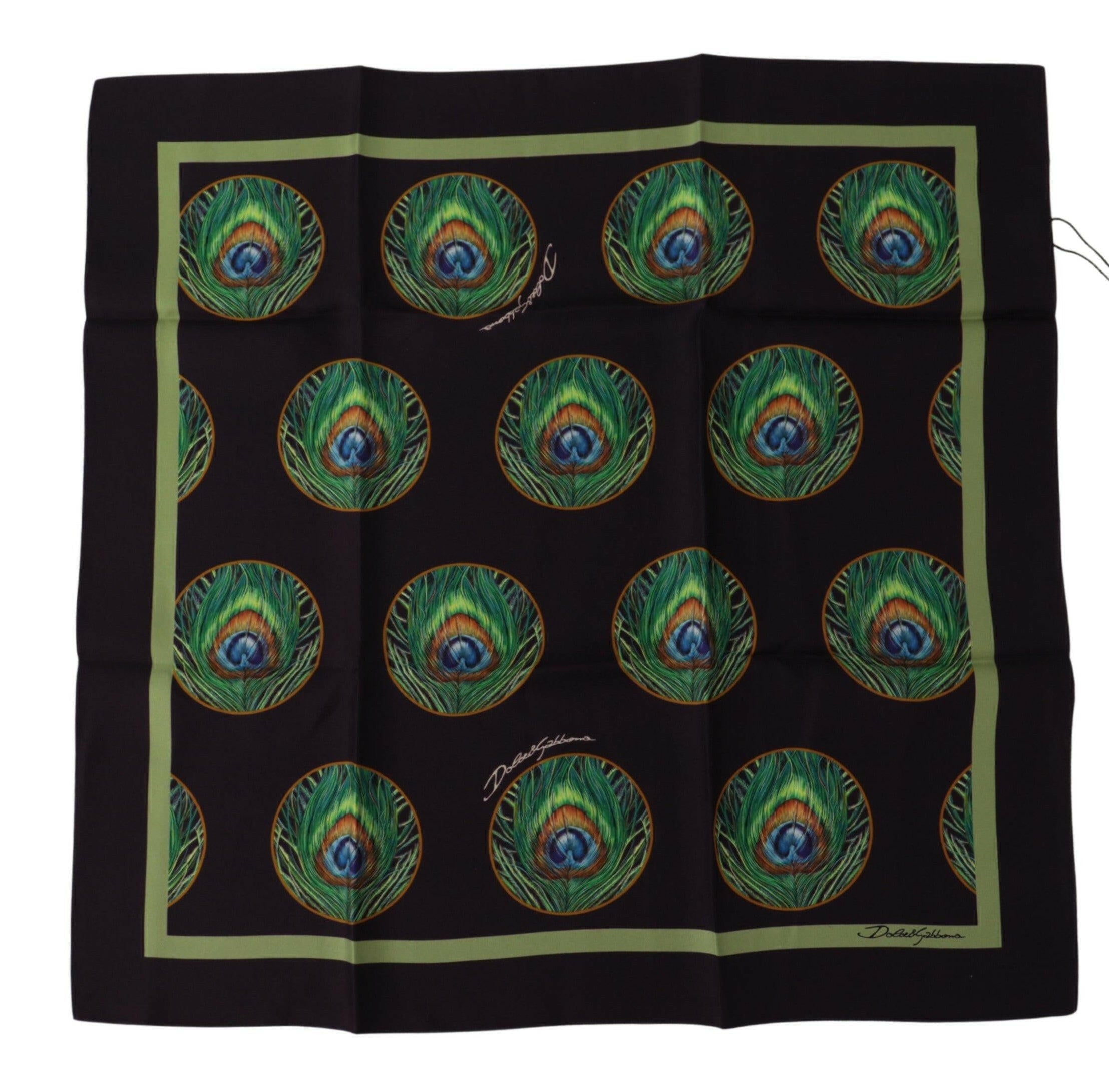 Dolce & Gabbana Black Peacock Feather DG Printed Square Handkerchief Scarf -   -  Dolce & Gabbana.
