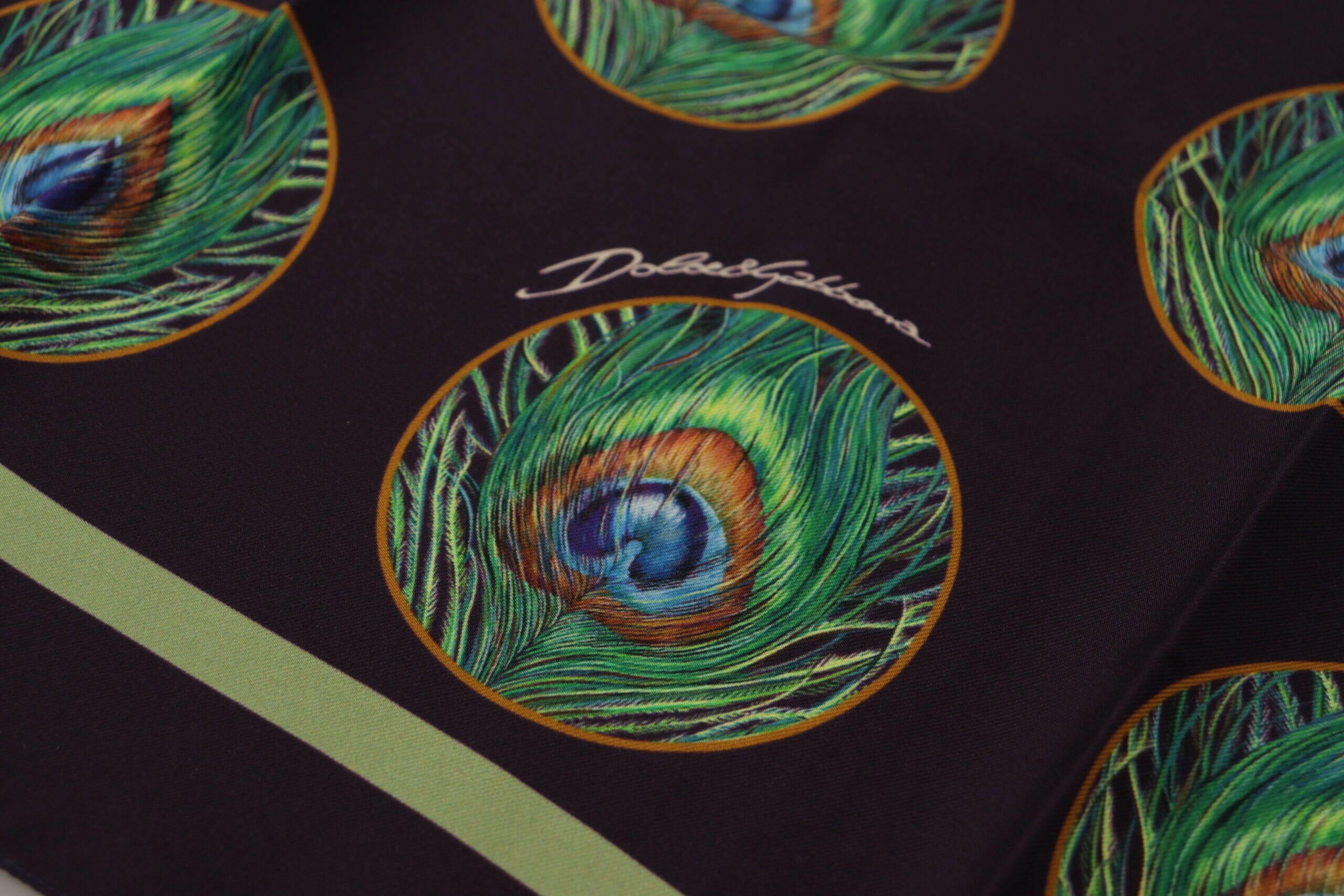 Dolce & Gabbana Black Peacock Feather DG Printed Square Handkerchief Scarf -   -  Dolce & Gabbana.