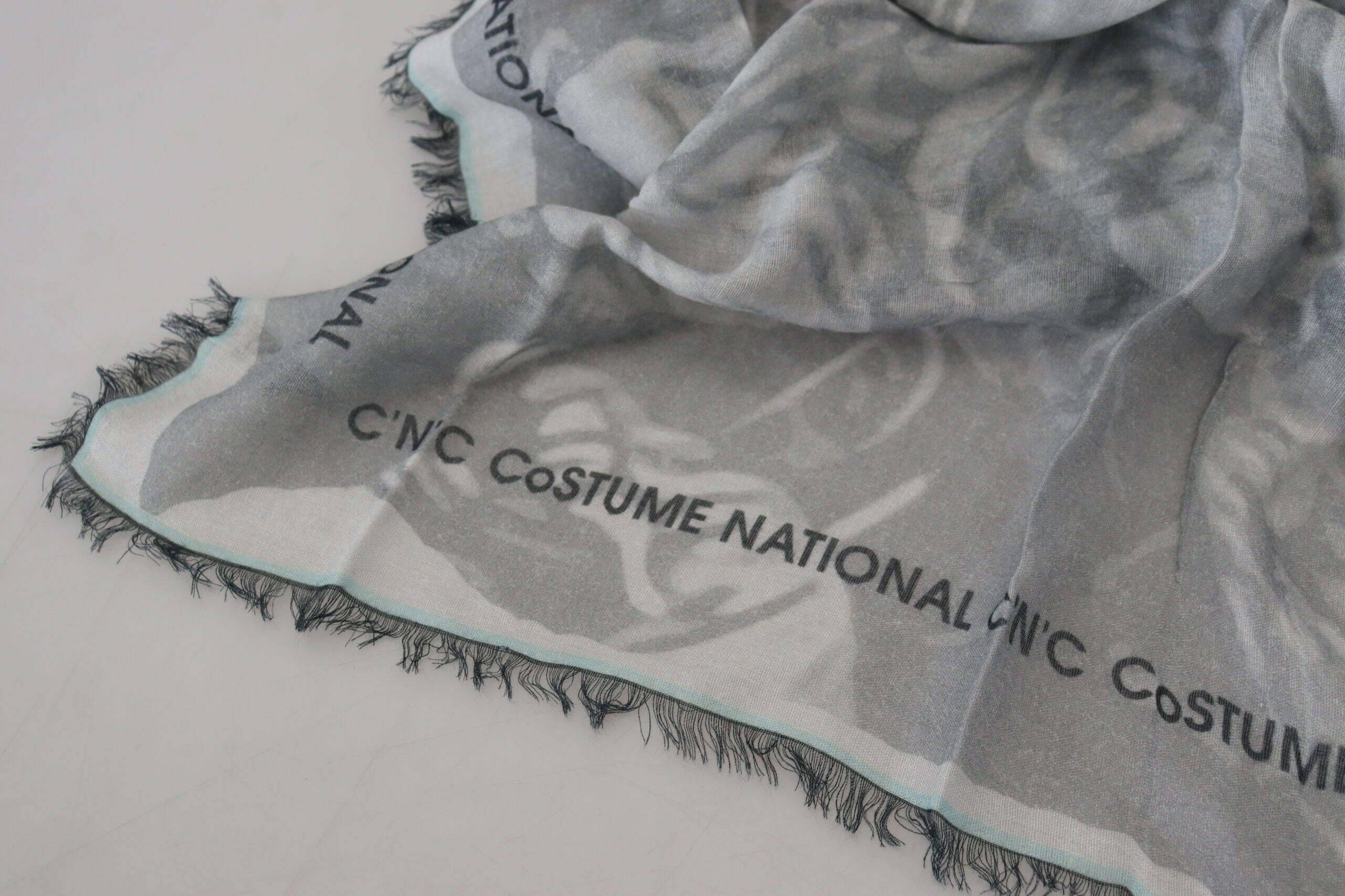 Costume National Gray Print Shawl Foulard Fringes Scarf -   -  Costume National.