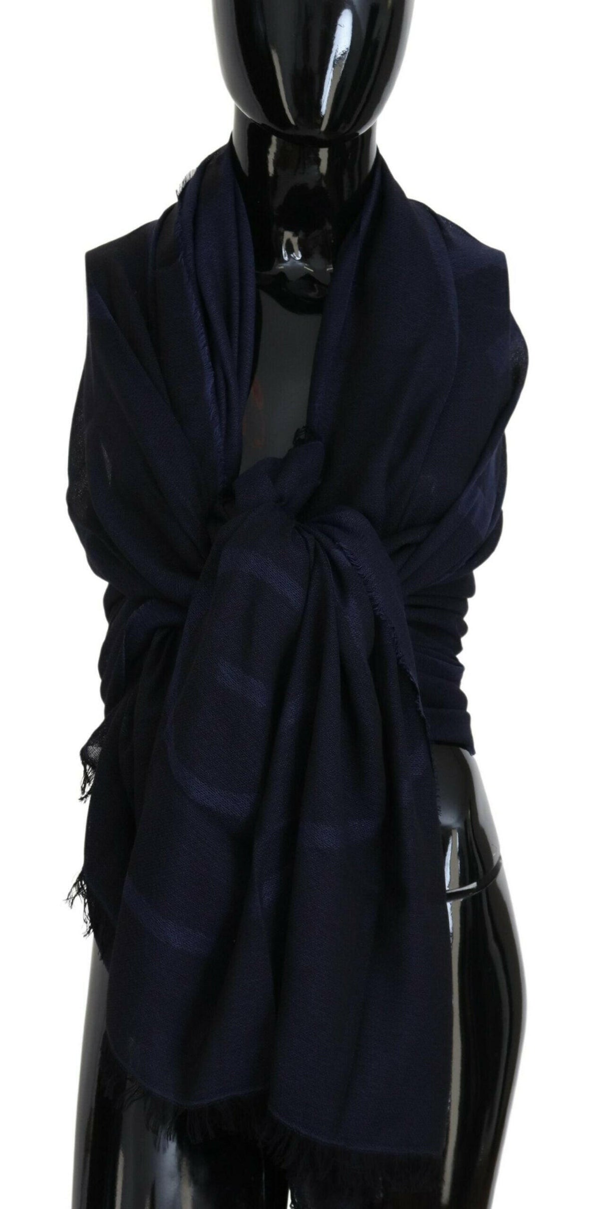 GF Ferre Dark Blue Wool Neck Wrap Shawl Fringes Scarf -   -  GF Ferre.