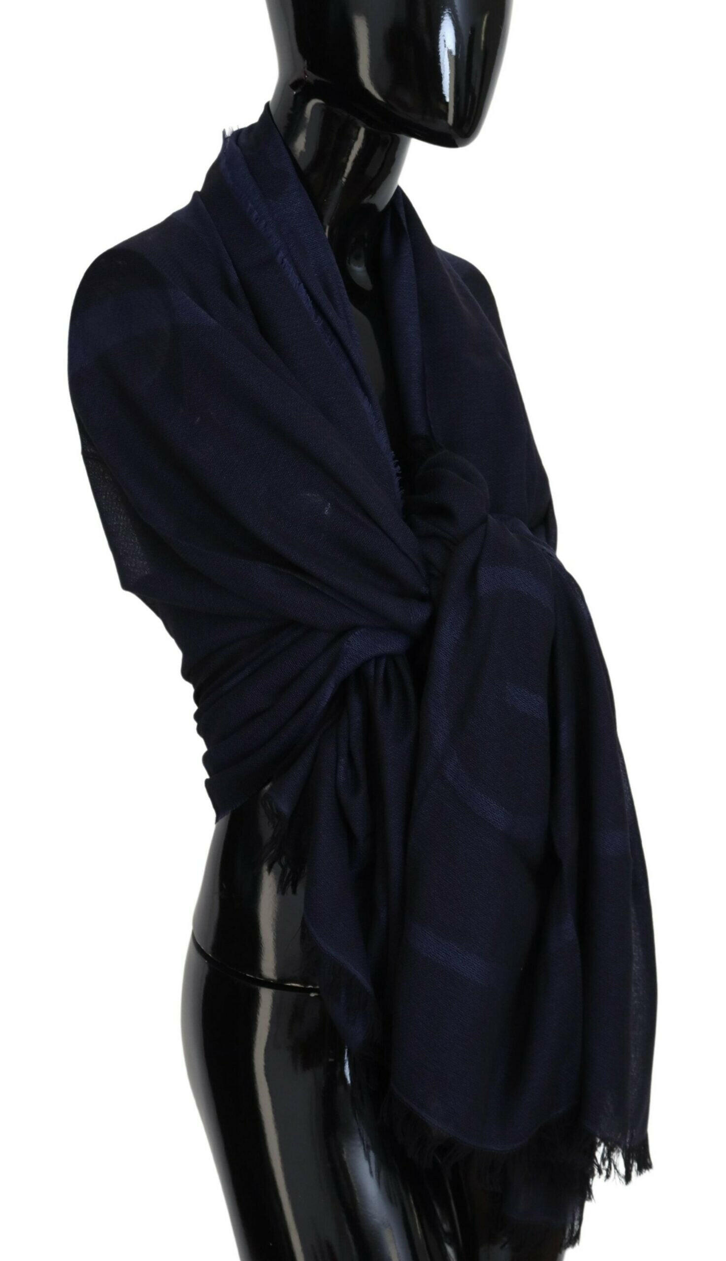 GF Ferre Dark Blue Wool Neck Wrap Shawl Fringes Scarf -   -  GF Ferre.