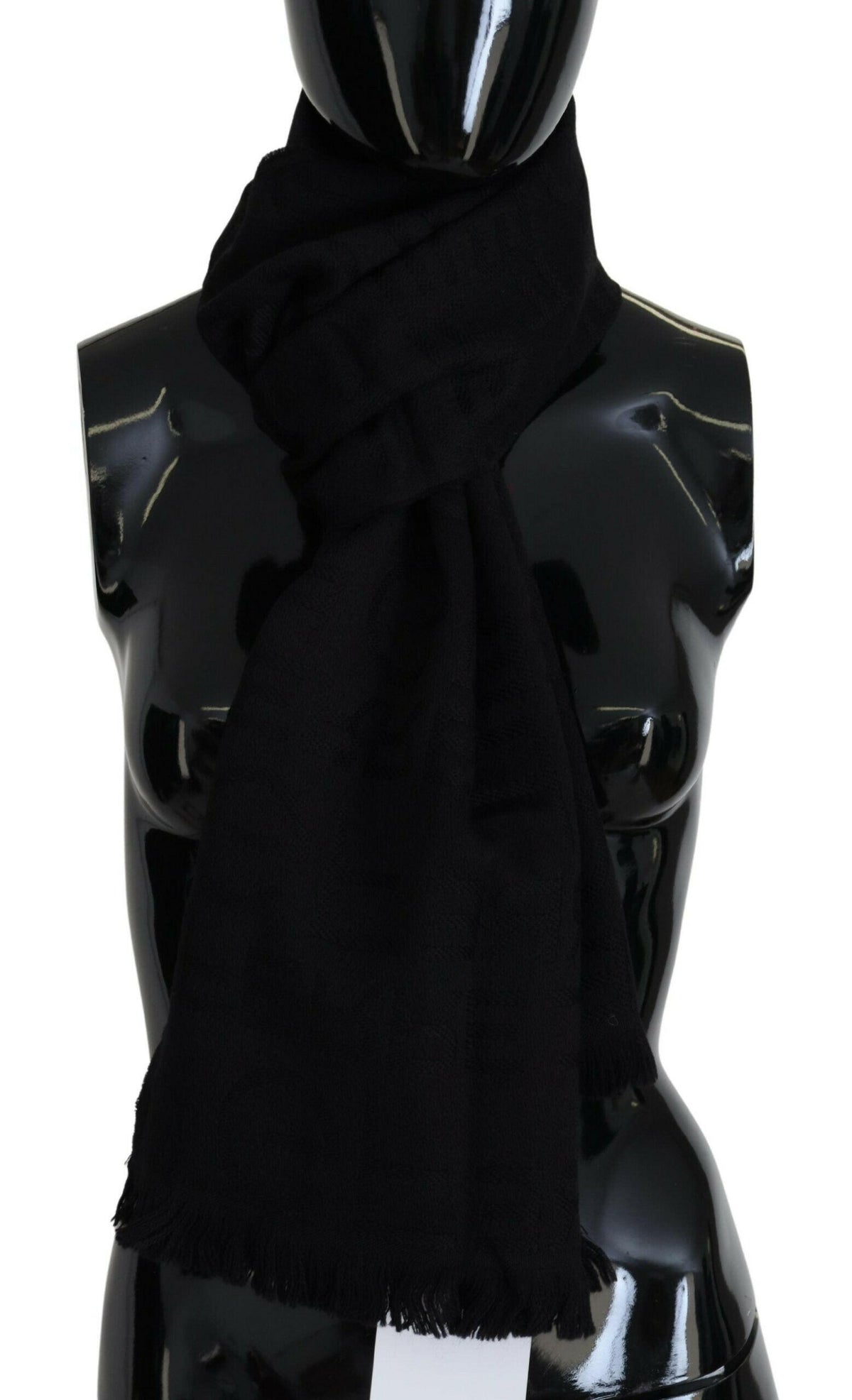 GF Ferre Black Wool Neck Wrap Shawl Fringes Scarf -   -  GF Ferre.