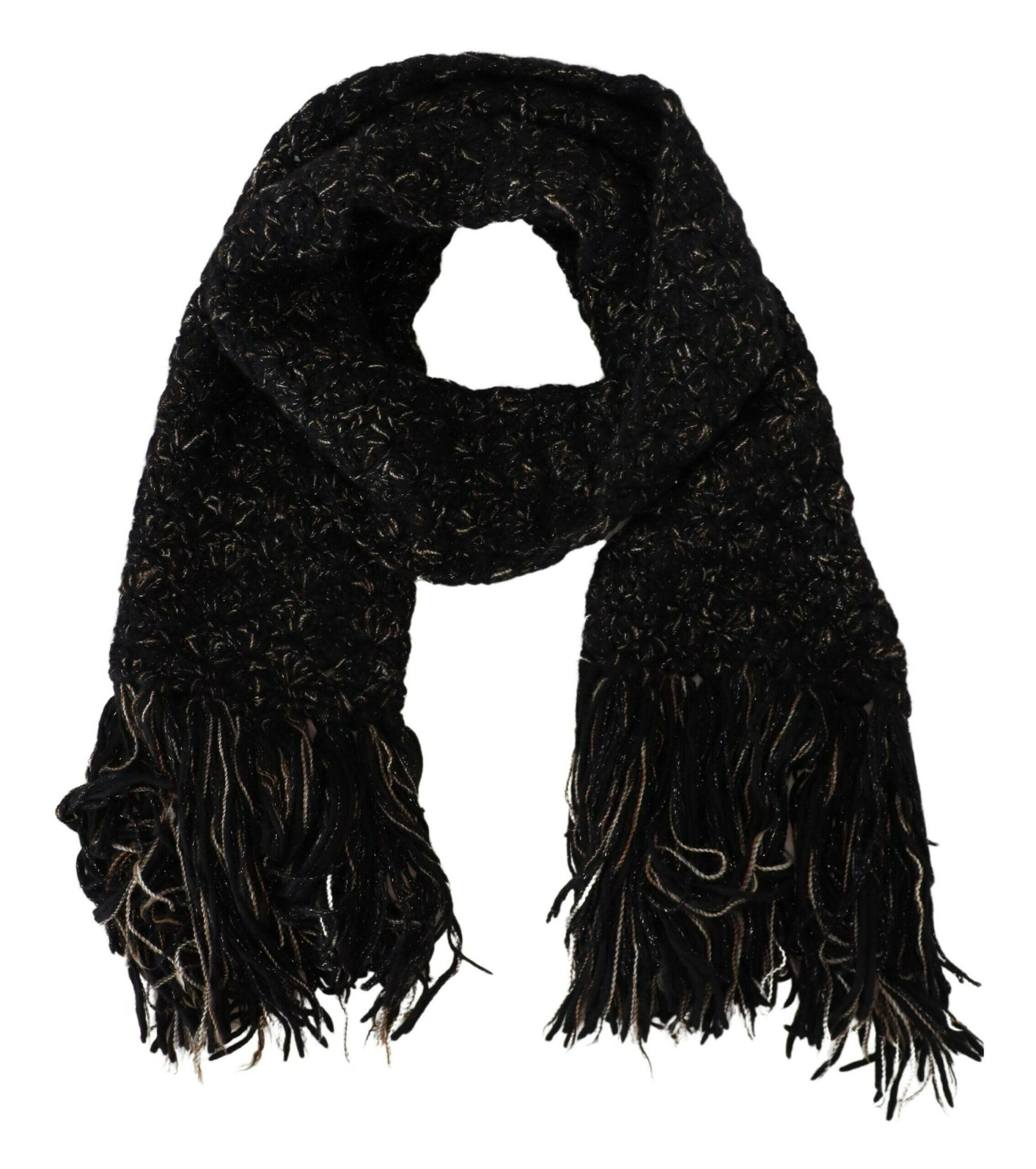 Dolce & Gabbana Black Wool Knitted Wrap Foulard Fringe Scarf -   -  Dolce & Gabbana.