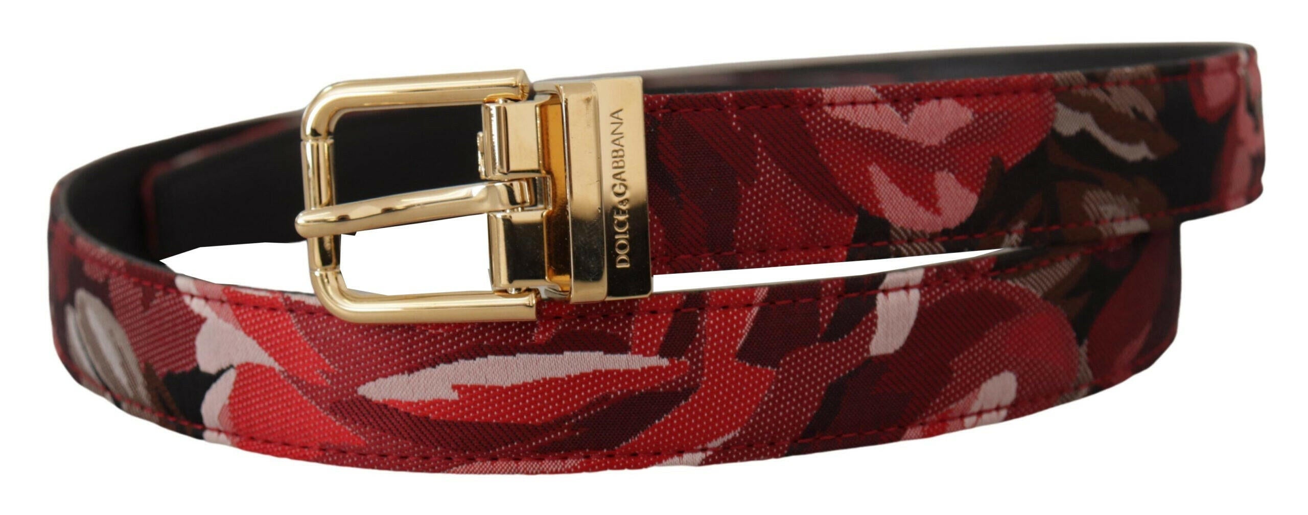 Dolce & Gabbana Red Jacquard Rose Leather Gold Metal Buckle Belt -   -  Dolce & Gabbana.