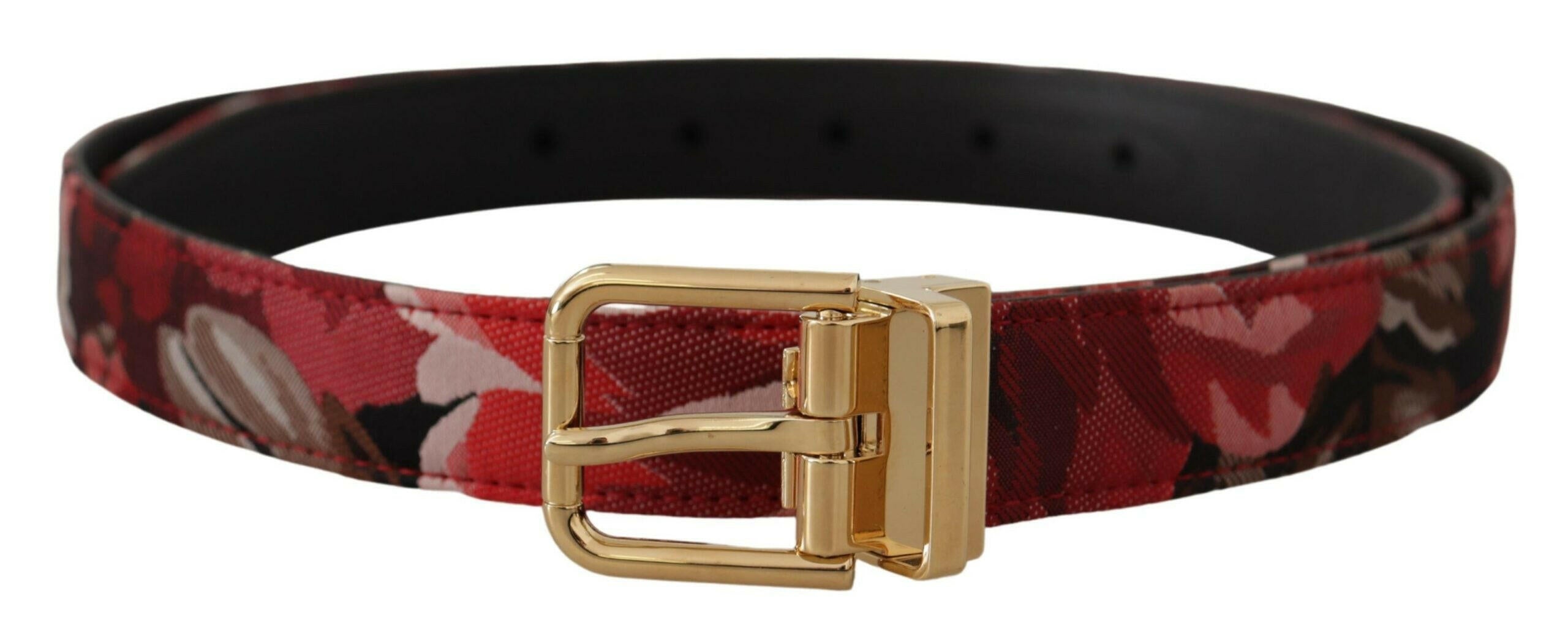 Dolce & Gabbana Red Jacquard Rose Leather Gold Metal Buckle Belt -   -  Dolce & Gabbana.