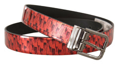 Dolce & Gabbana Red Herringbone Leather Gray Tone Buckle Belt -   -  Dolce & Gabbana.
