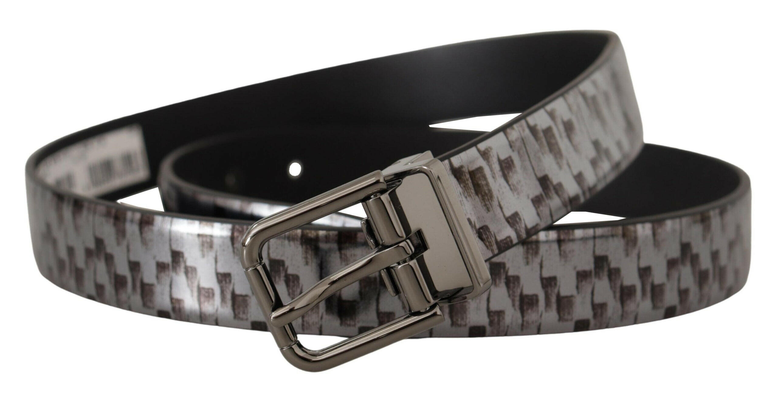 Dolce & Gabbana Gray Herringbone Leather Gray 3D Metal Buckle Belt -   -  Dolce & Gabbana.