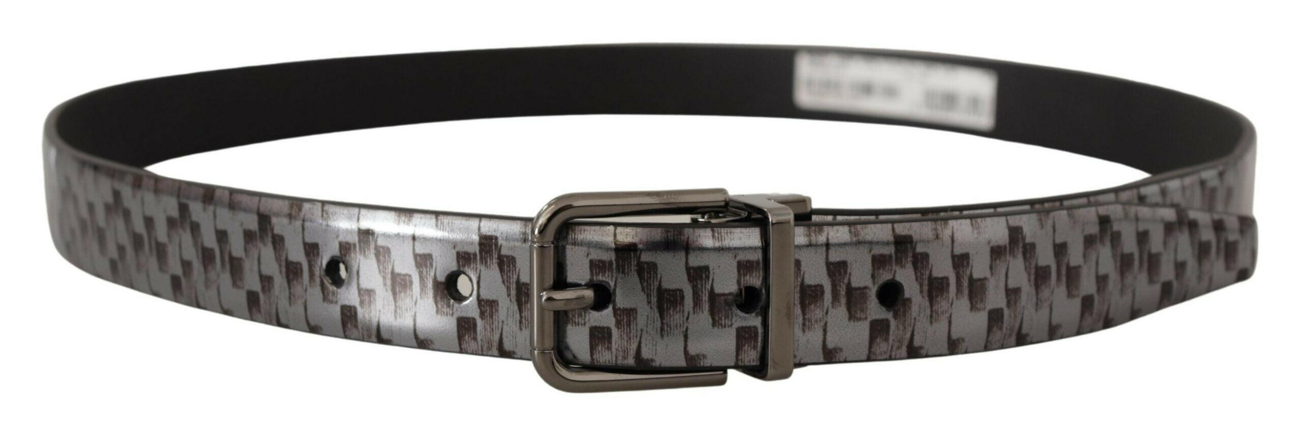 Dolce & Gabbana Gray Herringbone Leather Gray 3D Metal Buckle Belt -   -  Dolce & Gabbana.