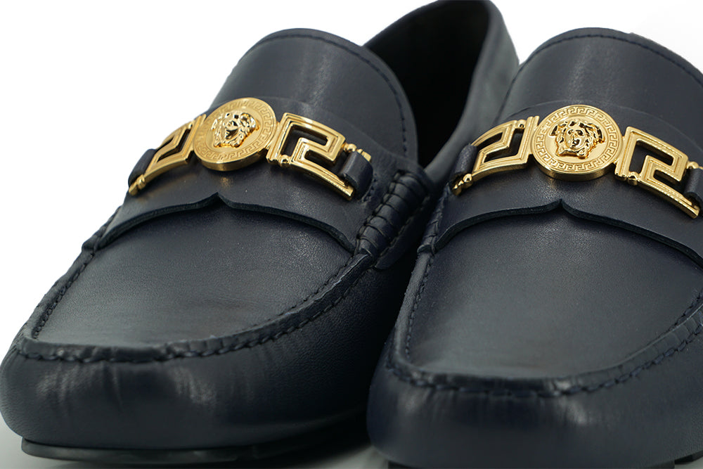 Versace Elegant Navy Blue Calf Leather Loafers -   -  Versace.