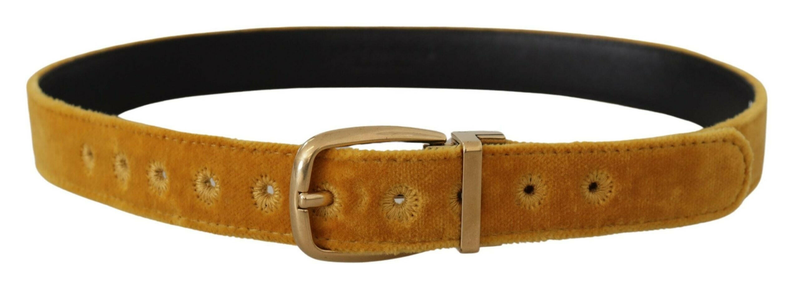Dolce & Gabbana Mustard Velvet Gold Logo Engraved Metal Buckle Belt -   -  Dolce & Gabbana.