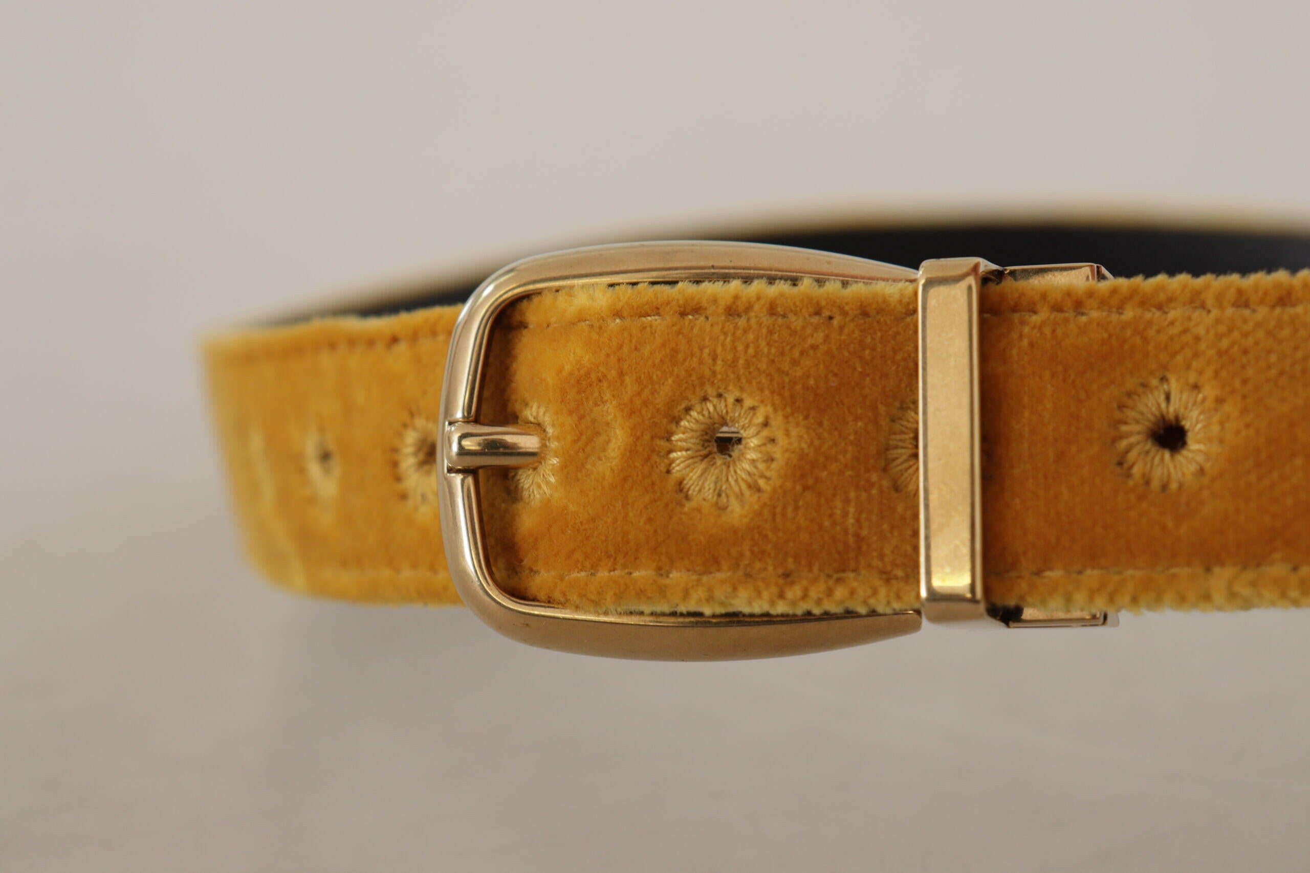 Dolce & Gabbana Mustard Velvet Gold Logo Engraved Metal Buckle Belt -   -  Dolce & Gabbana.