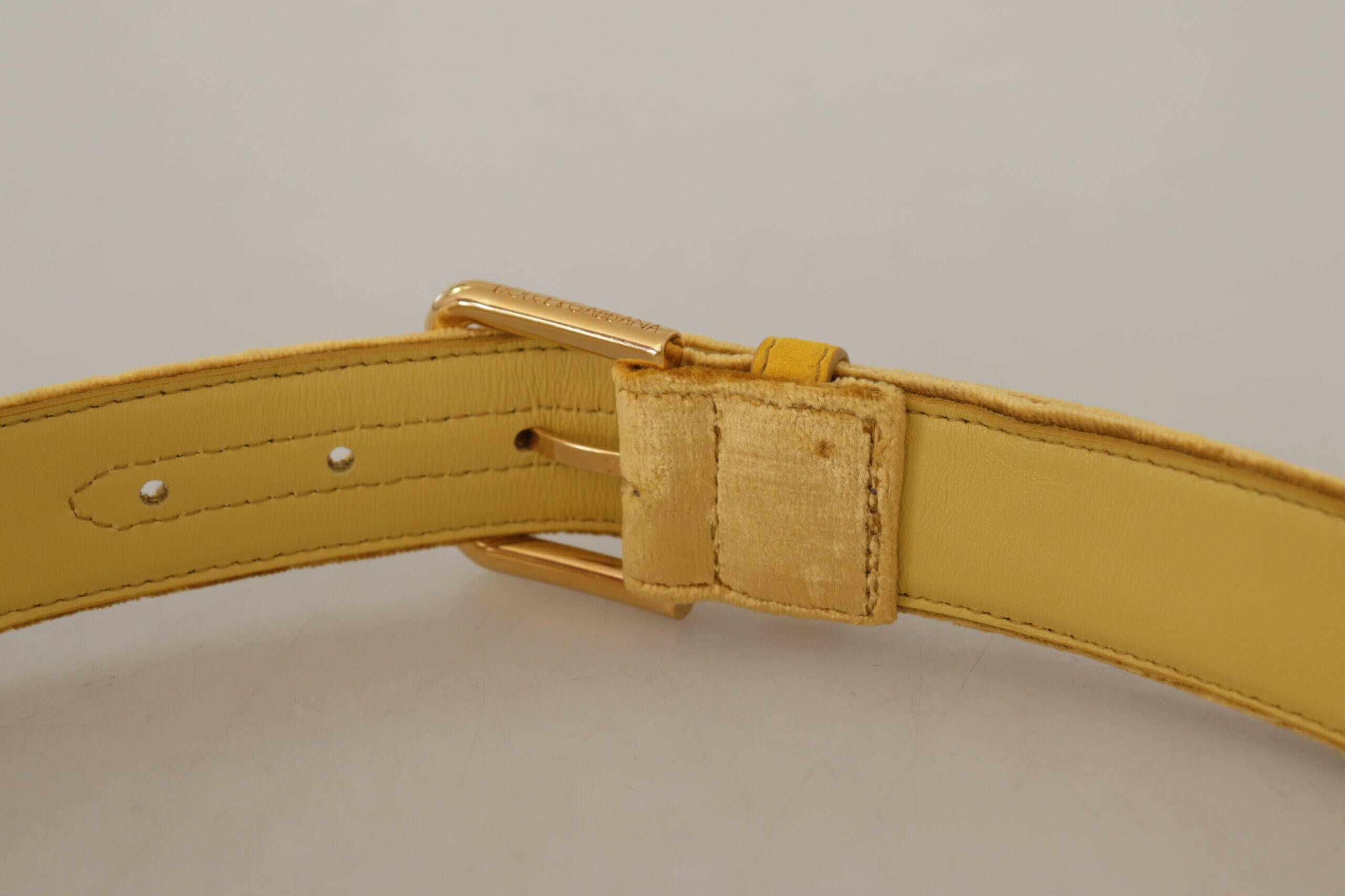 Dolce & Gabbana Yellow Velvet Gold Metal Logo Engraved Buckle Belt -   -  Dolce & Gabbana.