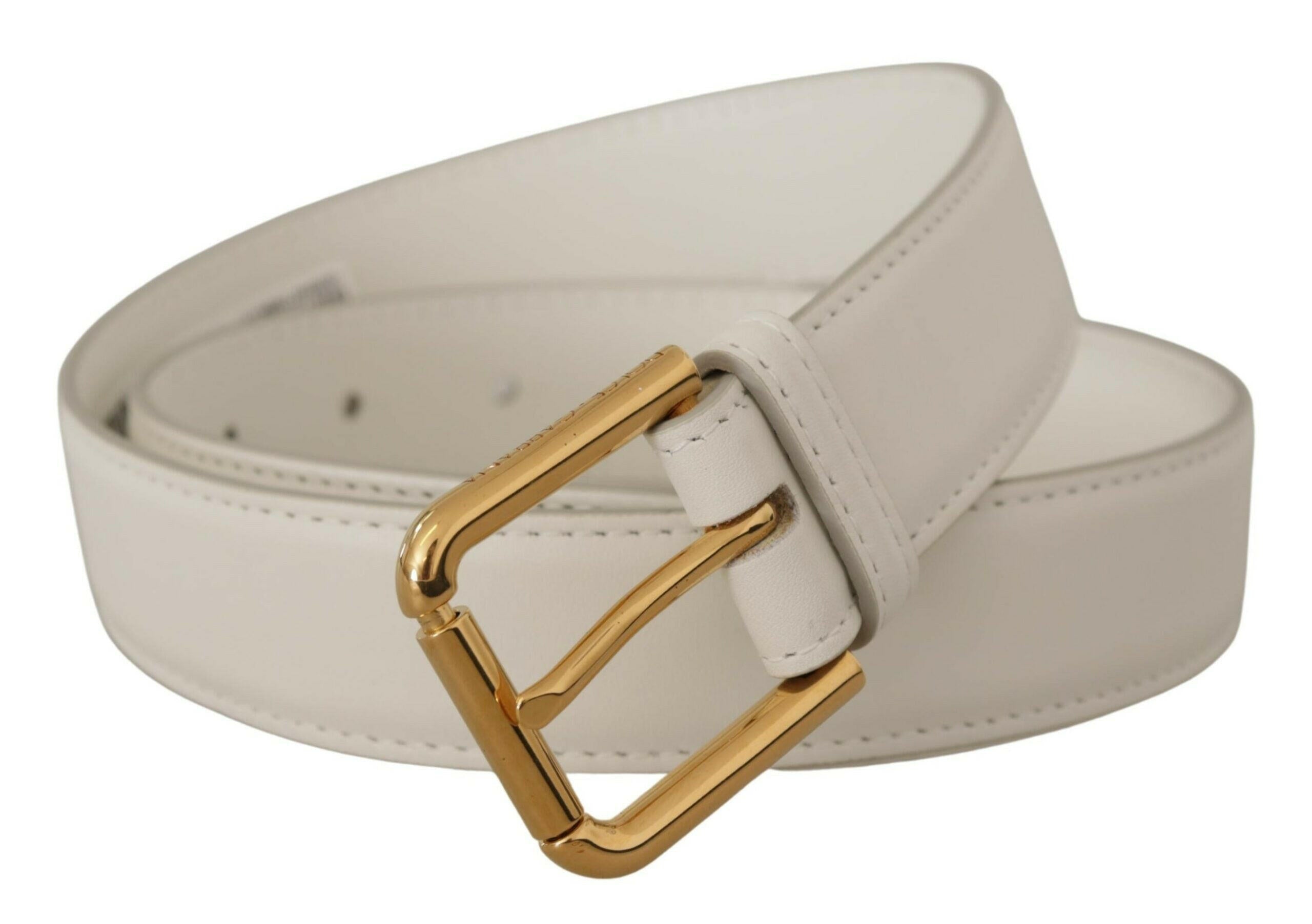 Dolce & Gabbana White Calf Leather Gold Tone Logo Metal Buckle Belt -   -  Dolce & Gabbana.