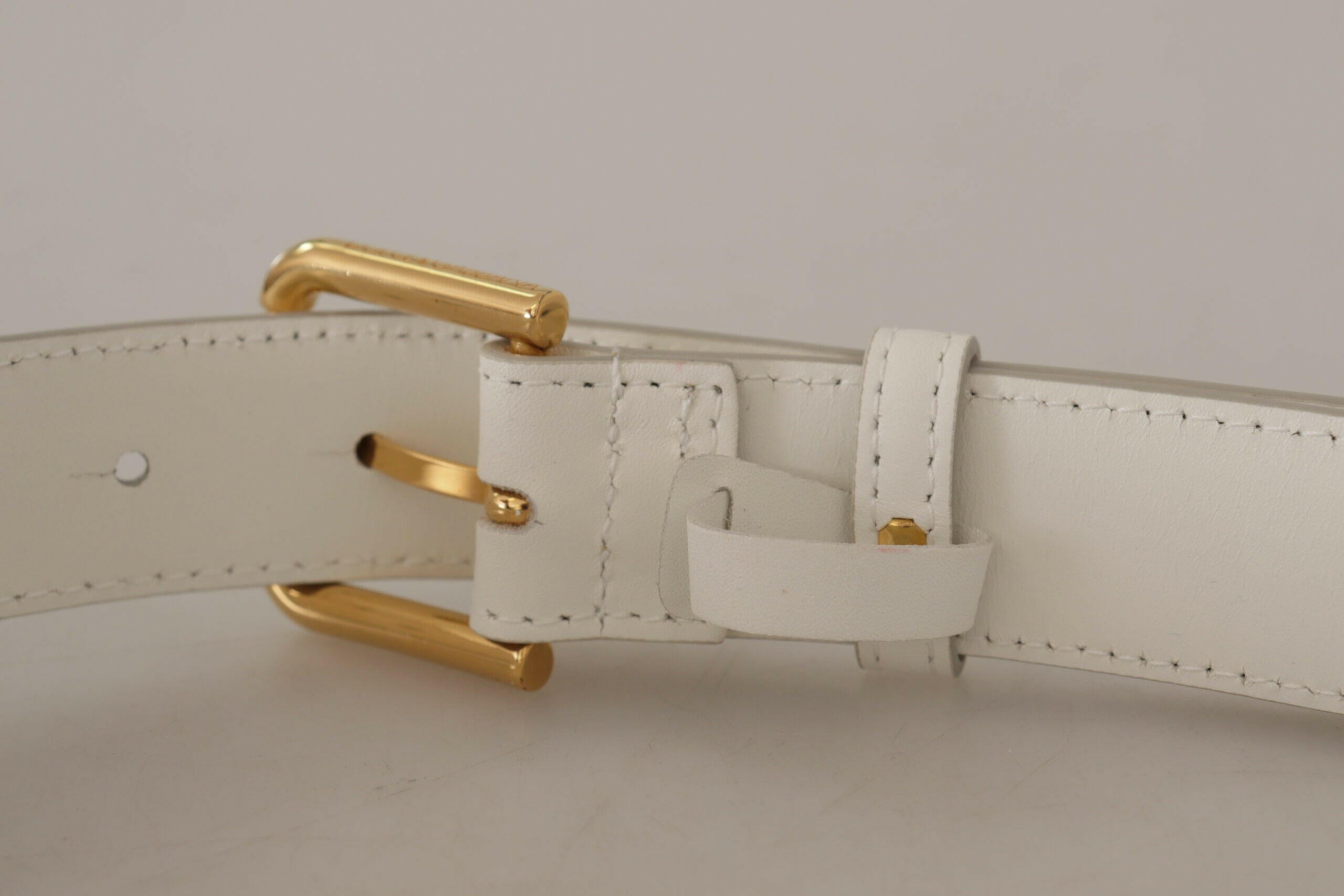 Dolce & Gabbana White Calf Leather Gold Tone Logo Metal Buckle Belt -   -  Dolce & Gabbana.