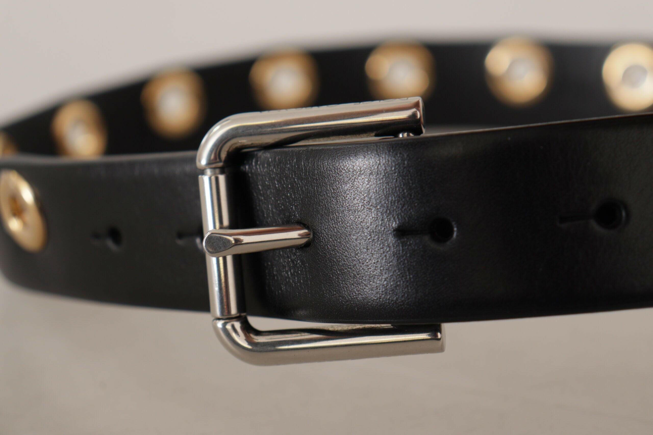 Dolce & Gabbana Black Leather Eyelet Silver Tone Metal Buckle Belt -   -  Dolce & Gabbana.