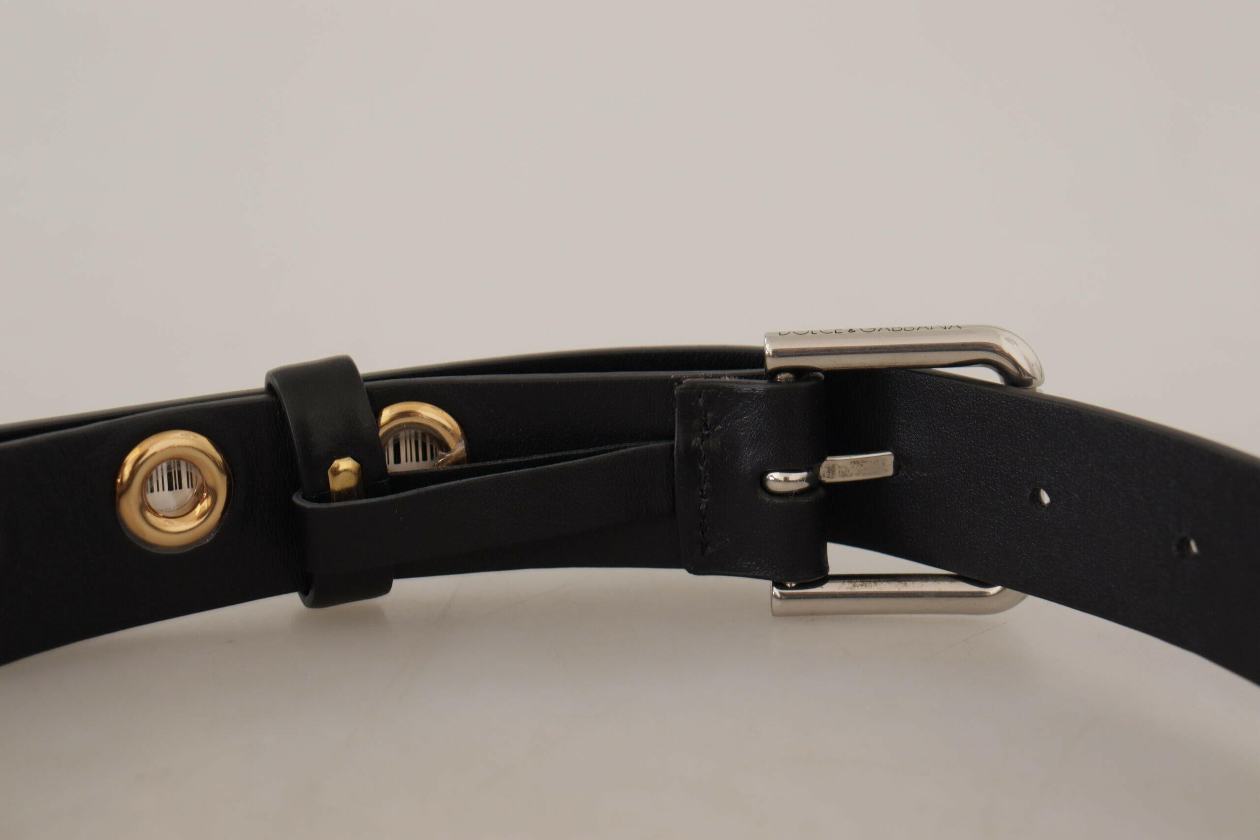 Dolce & Gabbana Black Leather Eyelet Silver Tone Metal Buckle Belt -   -  Dolce & Gabbana.