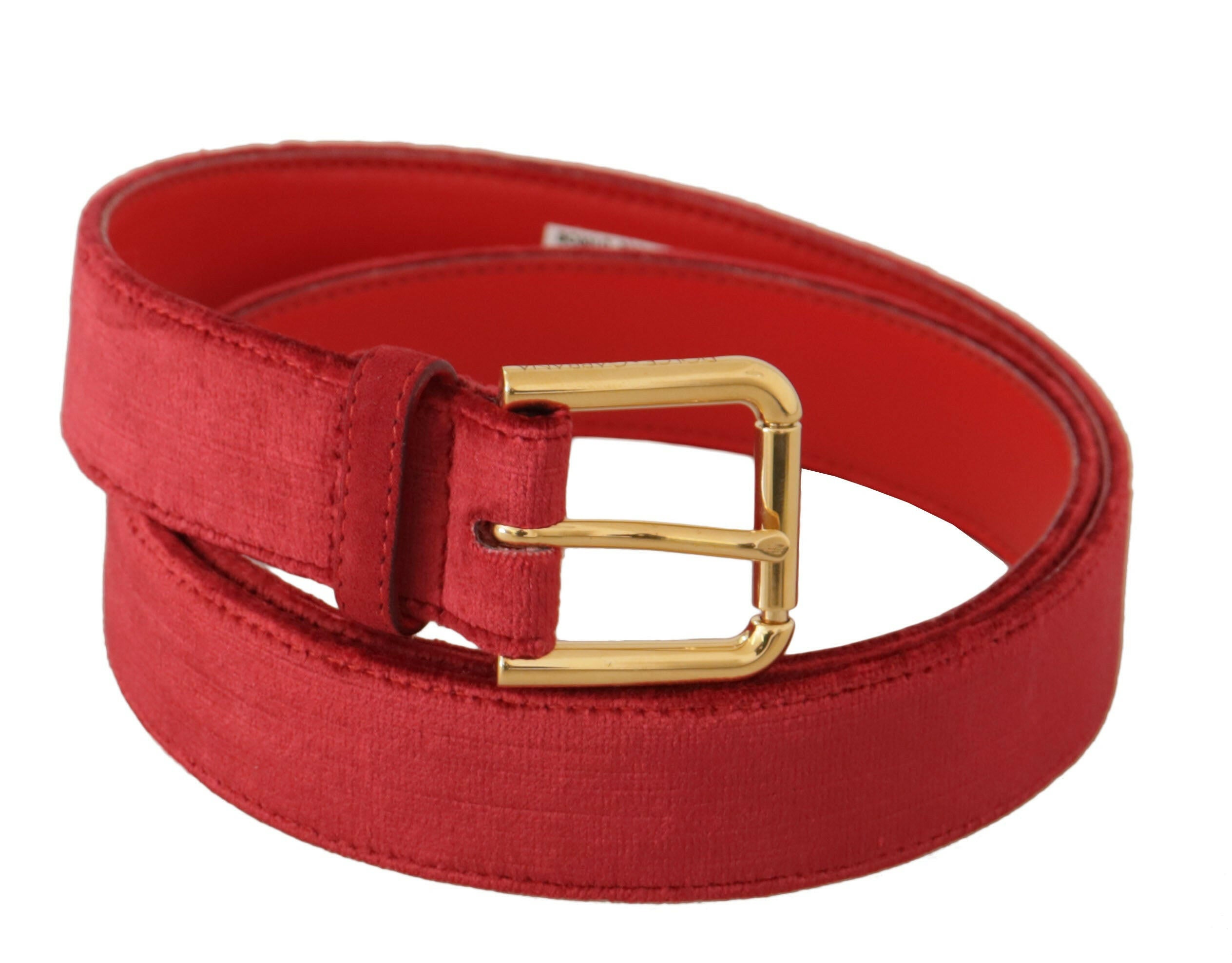 Dolce & Gabbana Red Velvet Gold Logo Engraved Metal Buckle Belt -   -  Dolce & Gabbana.