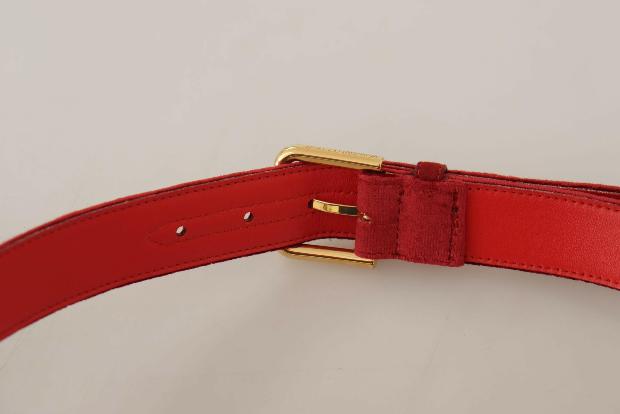 Dolce & Gabbana Red Velvet Gold Logo Engraved Metal Buckle Belt -   -  Dolce & Gabbana.