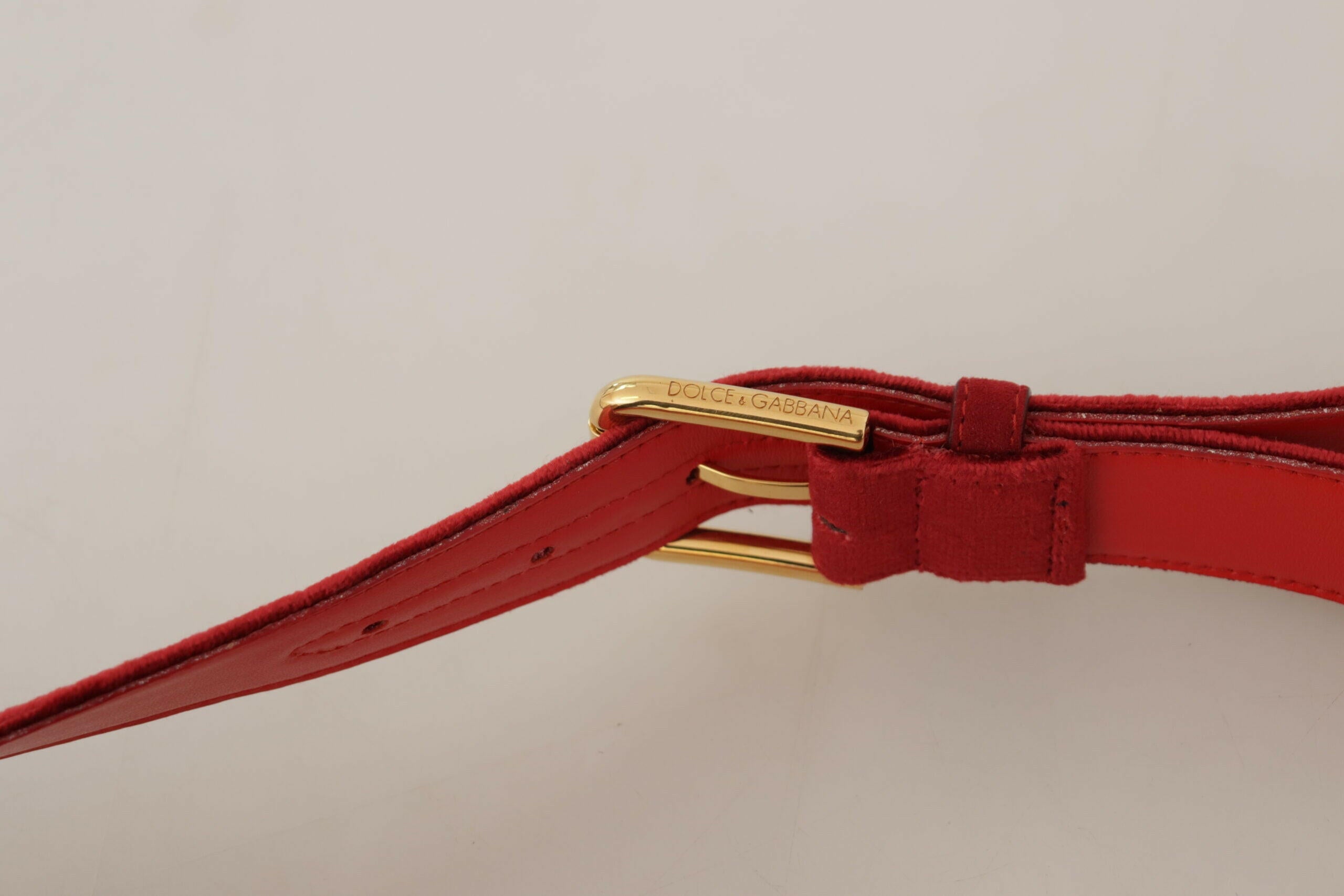 Dolce & Gabbana Red Velvet Gold Logo Engraved Metal Buckle Belt -   -  Dolce & Gabbana.