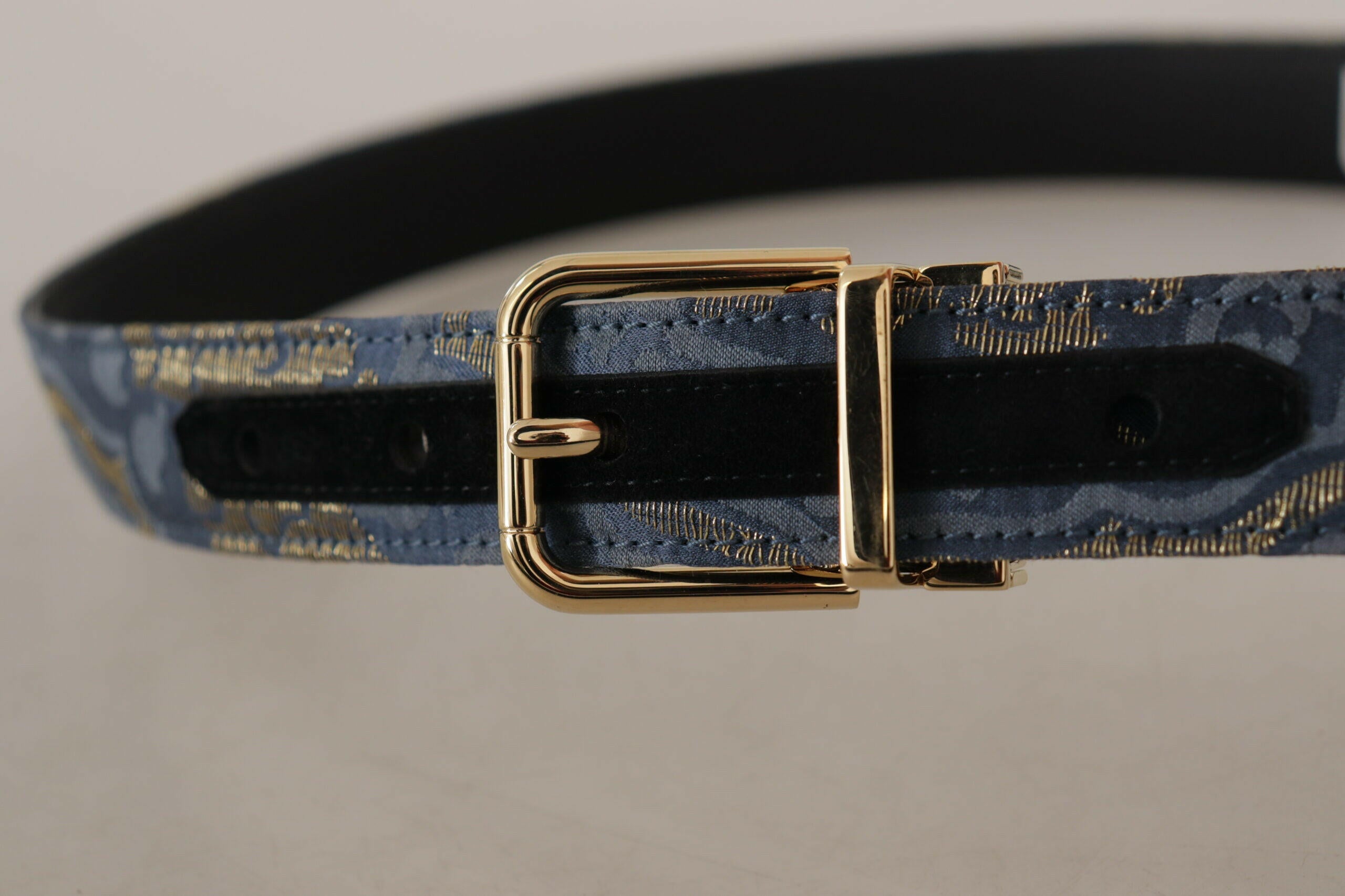 Dolce & Gabbana Navy Blue Jacquard Gold Tone Logo Metal Buckle Belt -   -  Dolce & Gabbana.