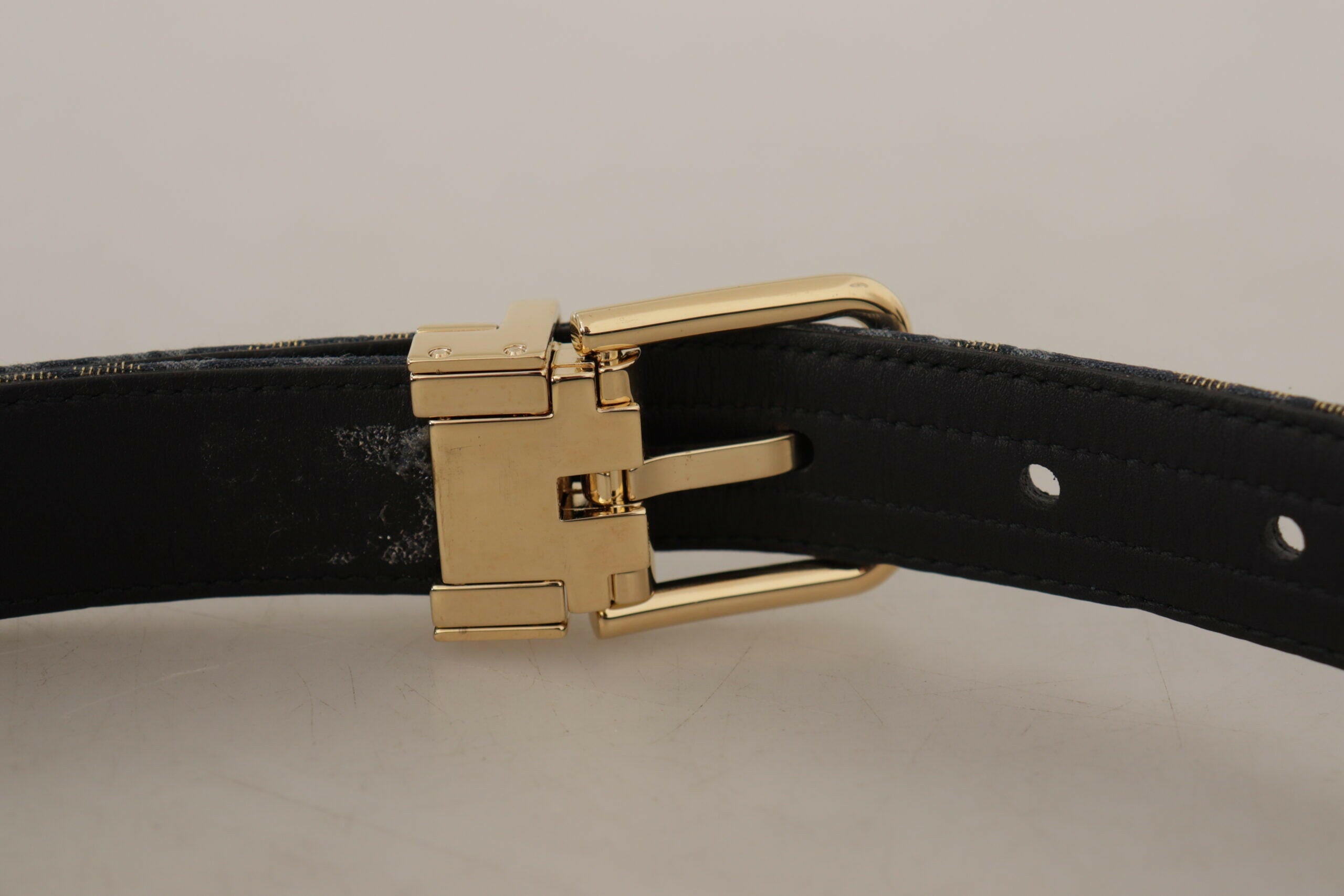 Dolce & Gabbana Navy Blue Jacquard Gold Tone Logo Metal Buckle Belt -   -  Dolce & Gabbana.