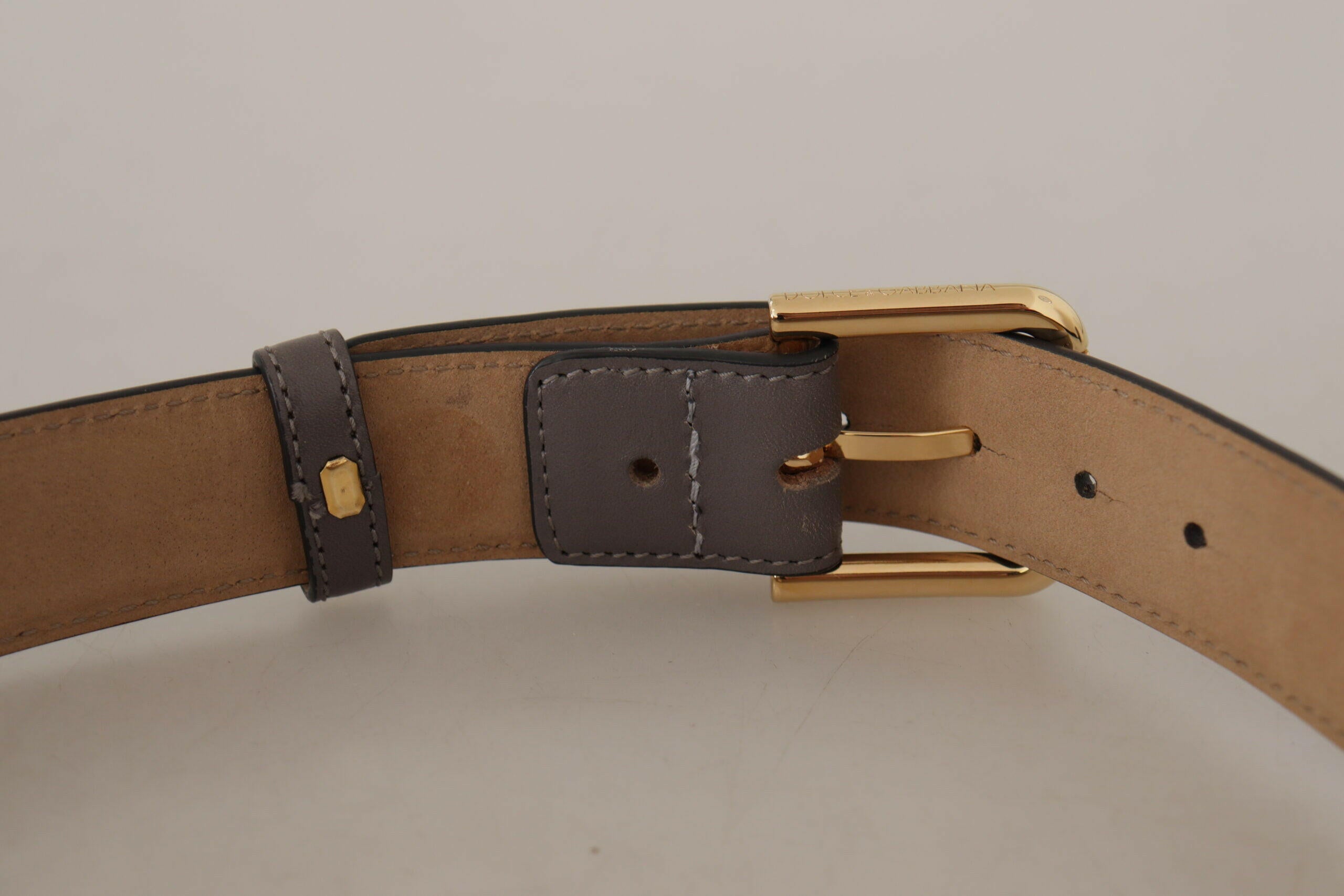 Dolce & Gabbana Gray Calfskin Leather Gold Metal Logo Buckle Belt -   -  Dolce & Gabbana.