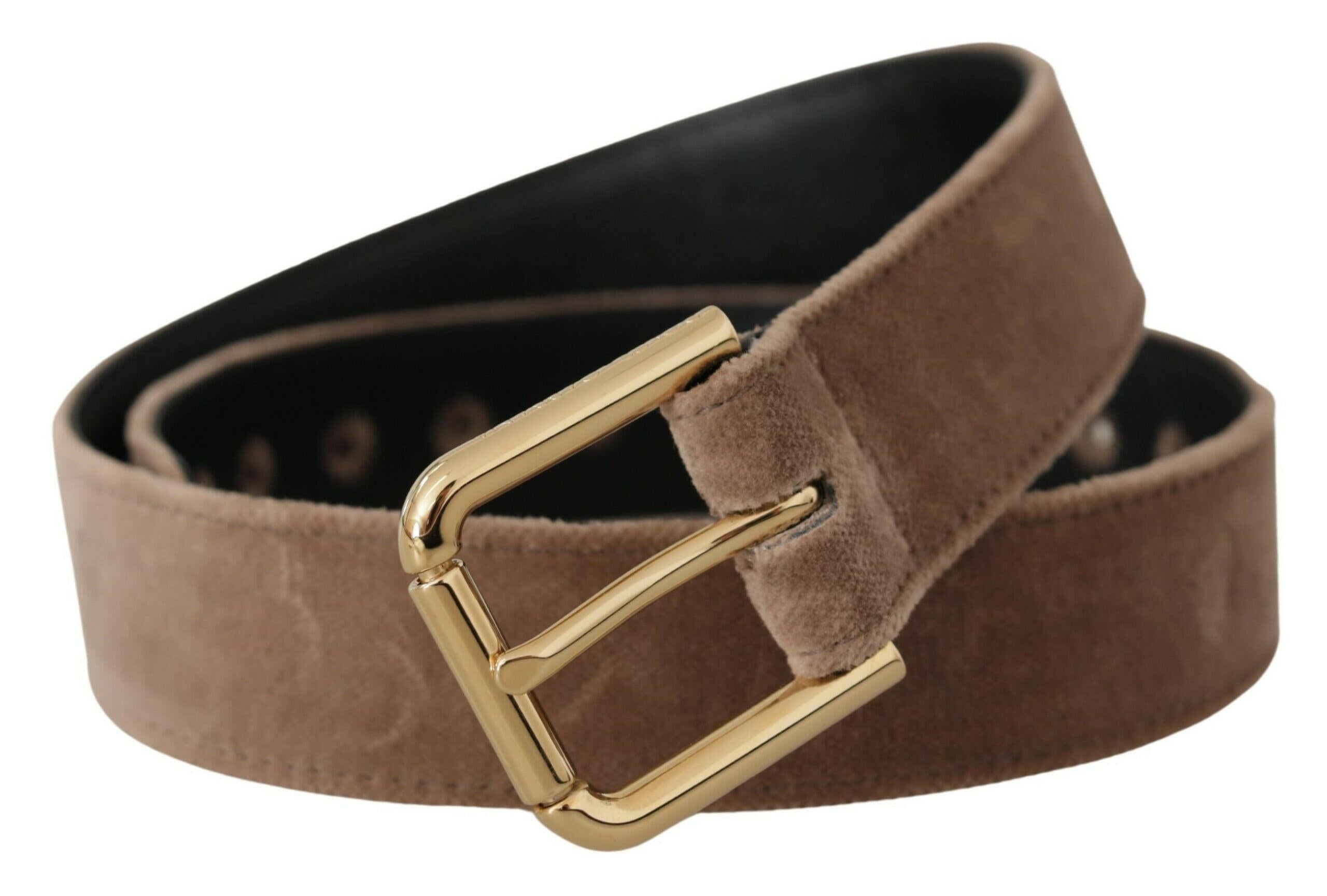 Dolce & Gabbana Light Brown Velvet Gold Tone Logo Metal Buckle Belt -   -  Dolce & Gabbana.