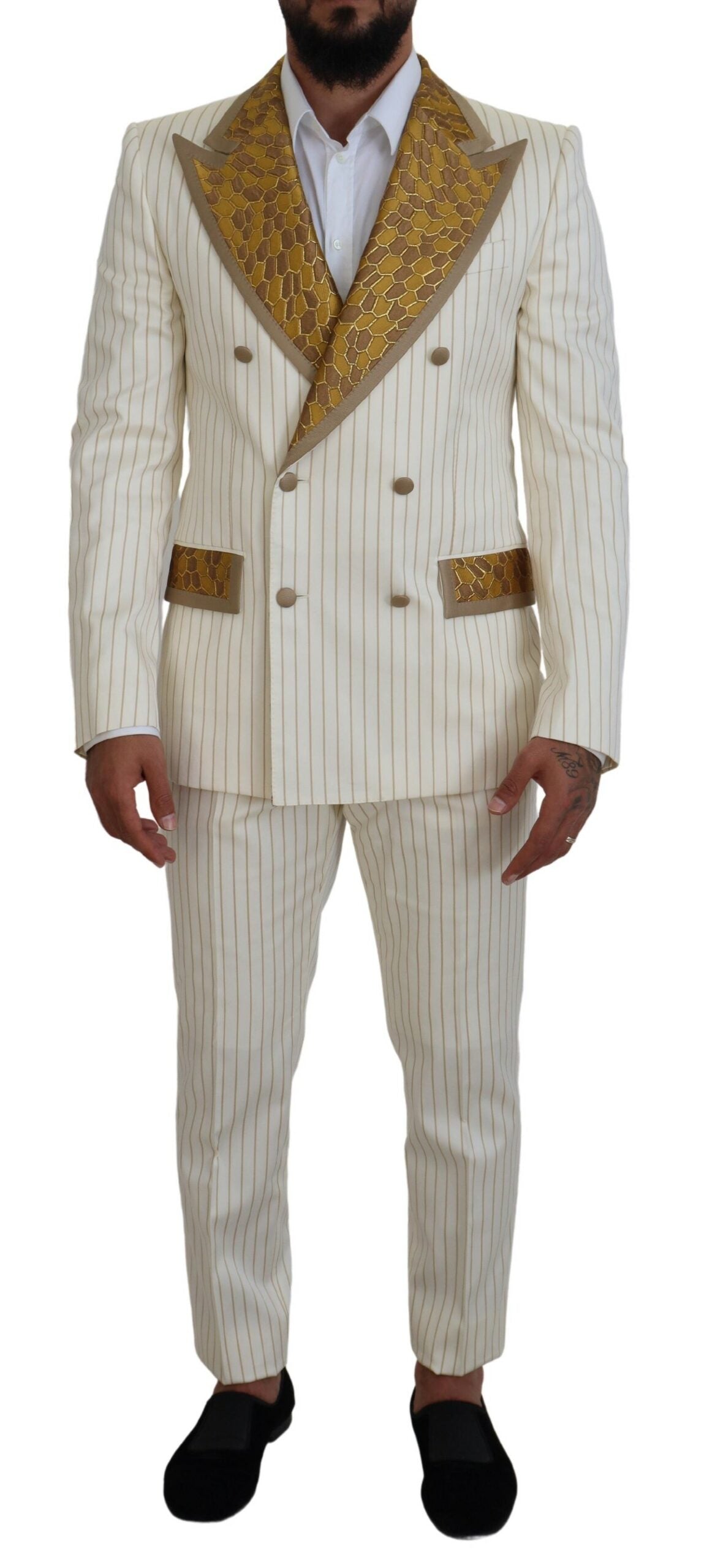 Dolce & Gabbana Off White Gold Striped Tuxedo Slim Fit Suit -   -  Dolce & Gabbana.