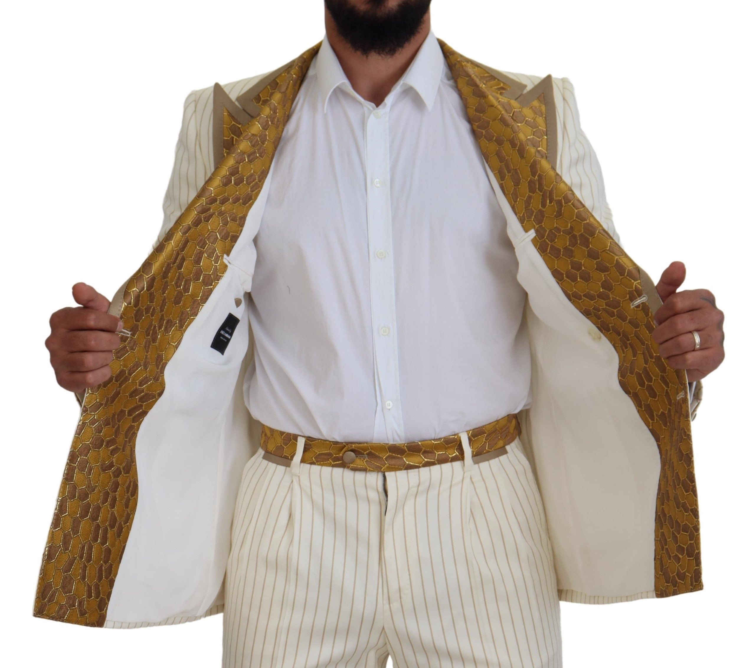 Dolce & Gabbana Off White Gold Striped Tuxedo Slim Fit Suit -   -  Dolce & Gabbana.
