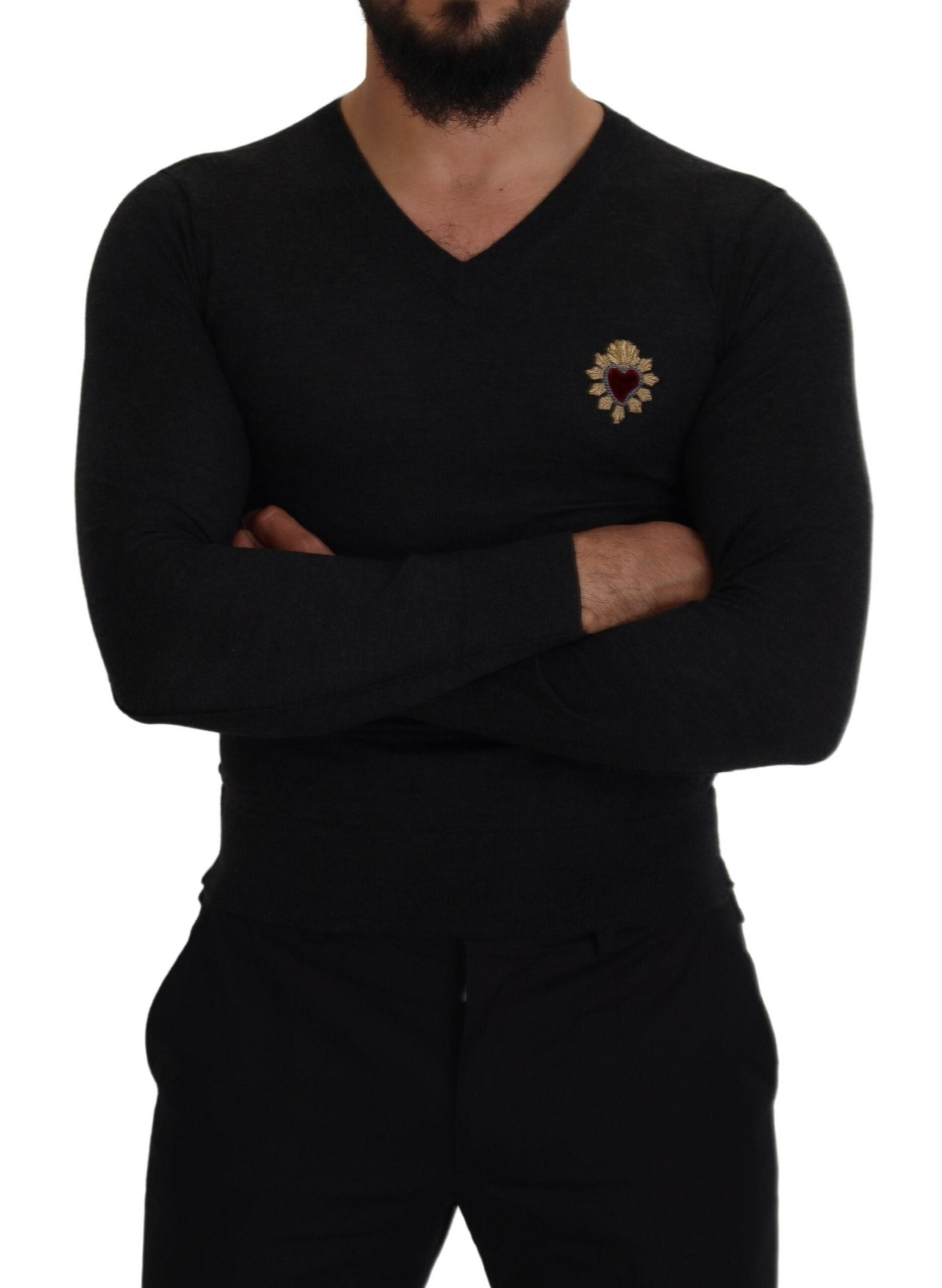 Dolce & Gabbana Gray Cashmere V-neck Gold Heart Sweater -   -  Dolce & Gabbana.