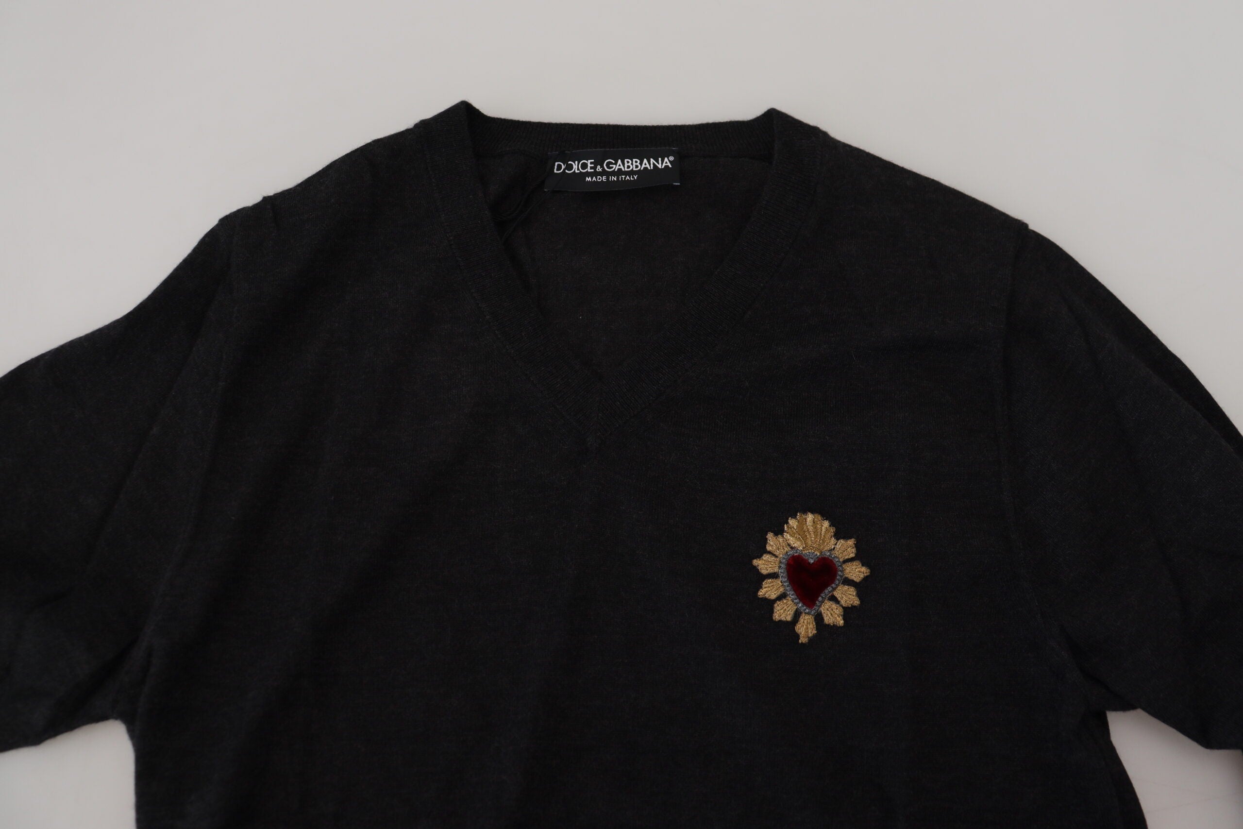 Dolce & Gabbana Gray Cashmere V-neck Gold Heart Sweater -   -  Dolce & Gabbana.