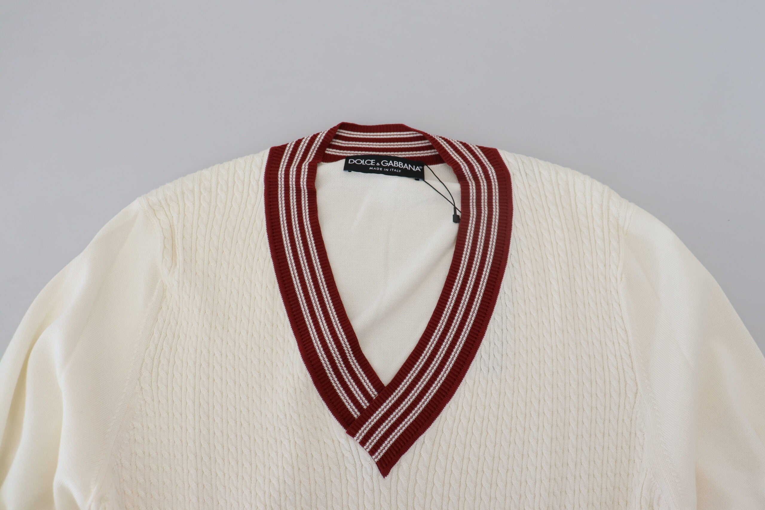 Dolce & Gabbana White Red Knitted V-neck Pullover Sweater -   -  Dolce & Gabbana.