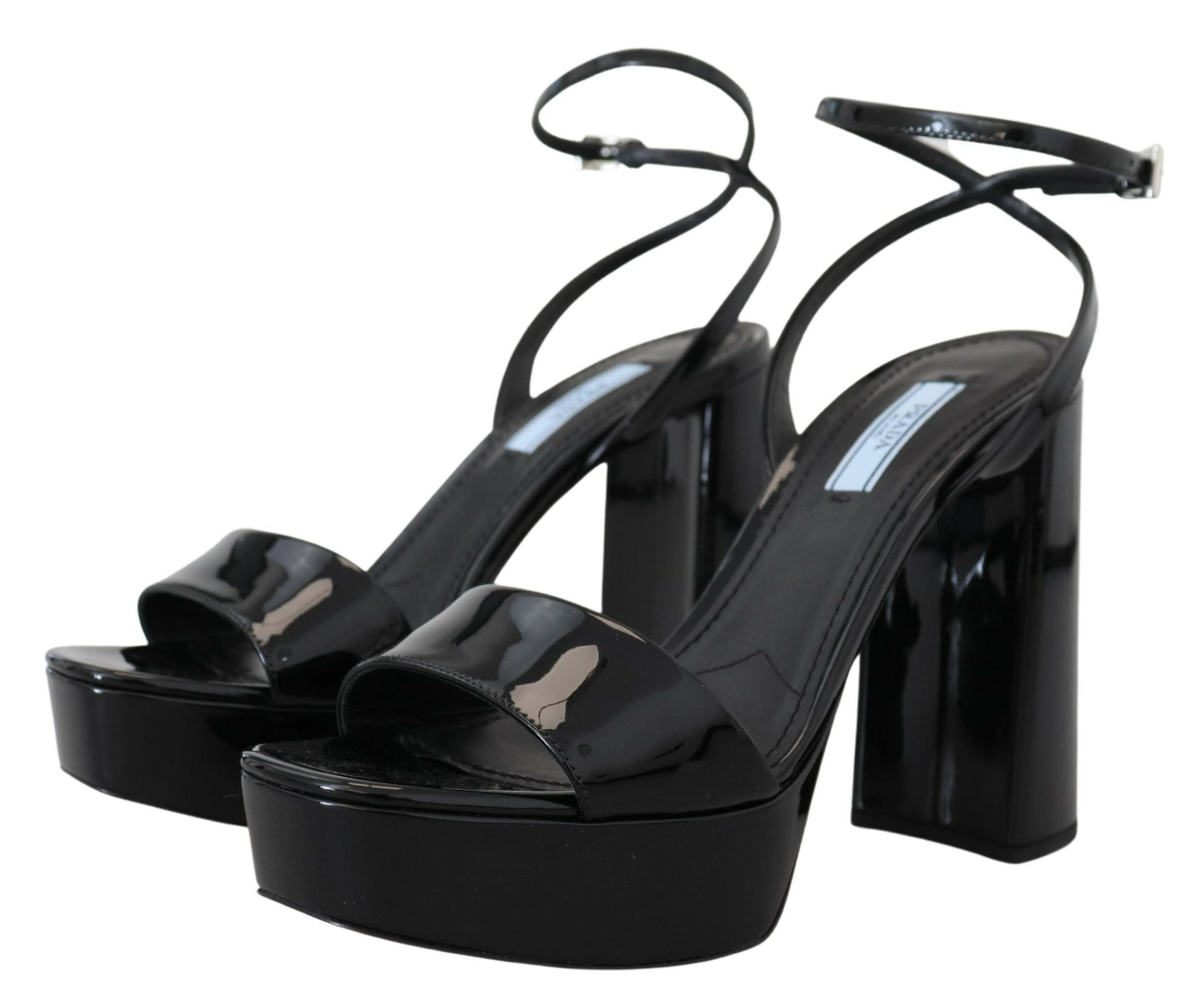 Prada Black Patent Sandals Ankle Strap Heels Leather -   -  Prada.