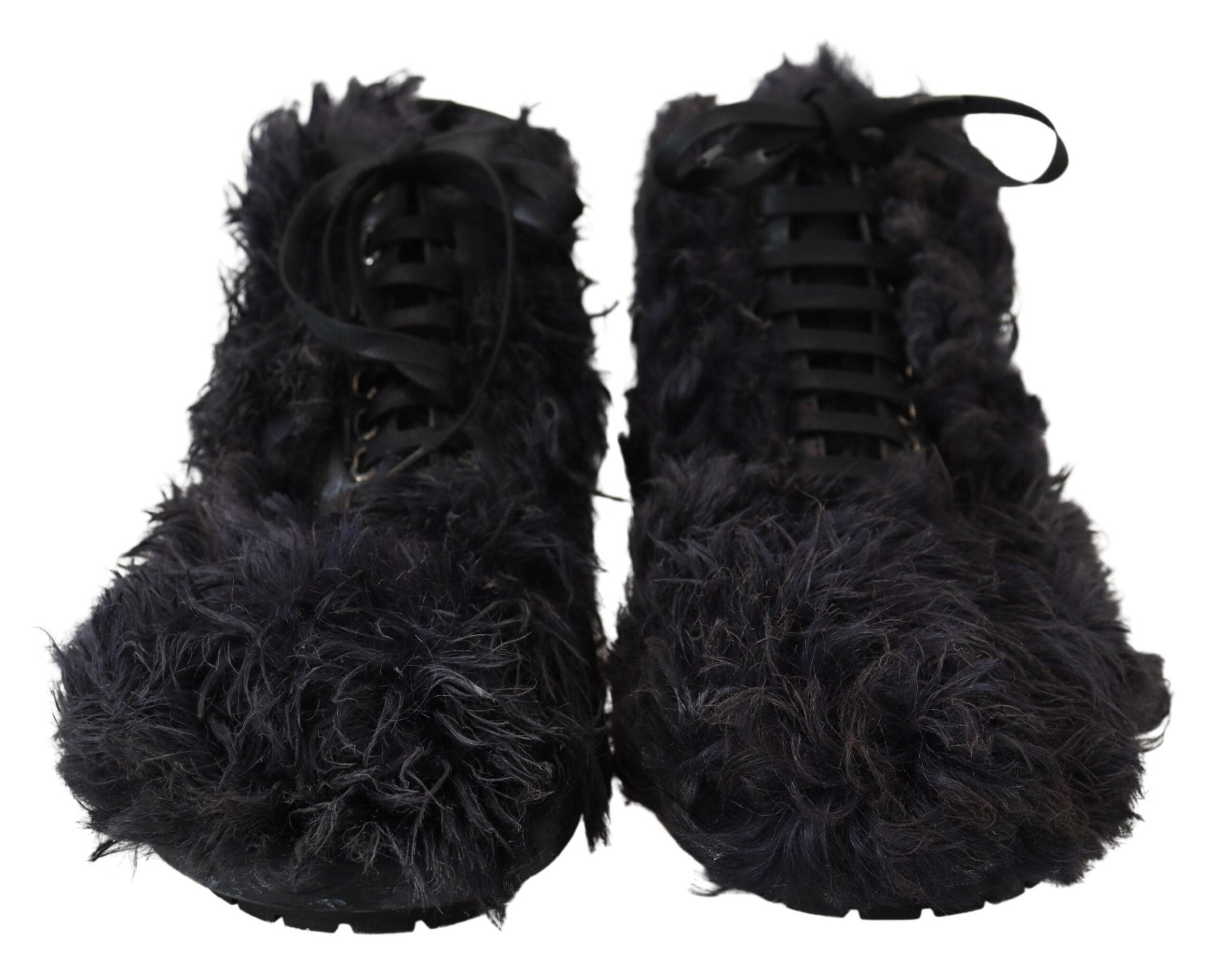 Dolce & Gabbana Black Leather Combat Shearling Boots Shoes -   -  Dolce & Gabbana.