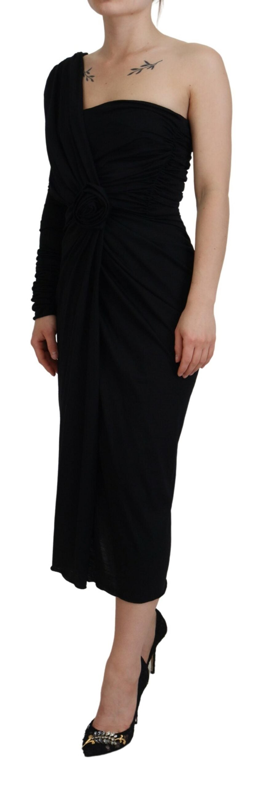 Dolce & Gabbana Black Wrap Sheath One Shoulder Wool Dress -   -  Dolce & Gabbana.