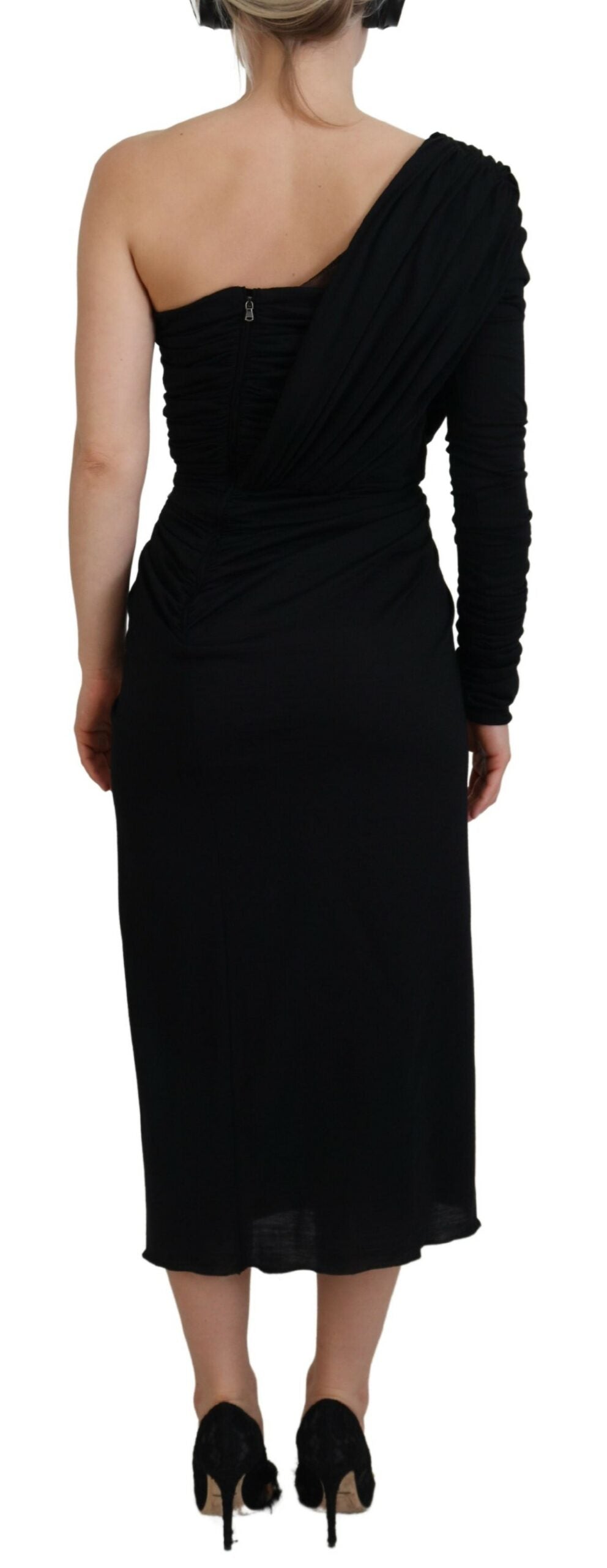 Dolce & Gabbana Black Wrap Sheath One Shoulder Wool Dress -   -  Dolce & Gabbana.
