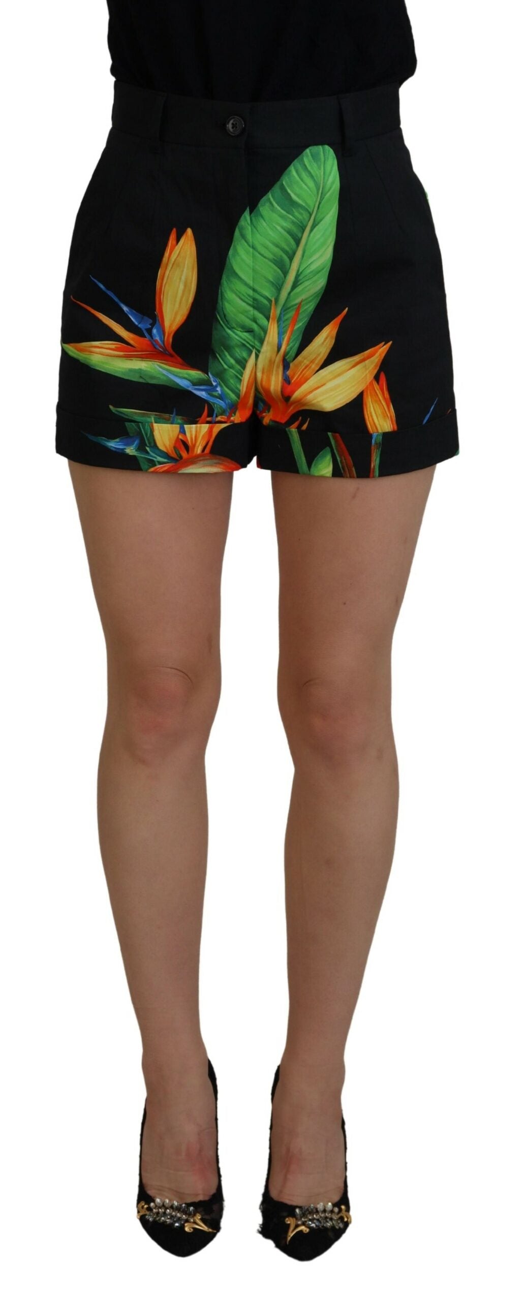 Dolce & Gabbana Black Leaves Print High Waist Hot Pants Shorts -   -  Dolce & Gabbana.