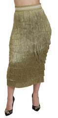 Dolce & Gabbana Gold Tiered Metallic Fringed Midi Silk Skirt -   -  Dolce & Gabbana.