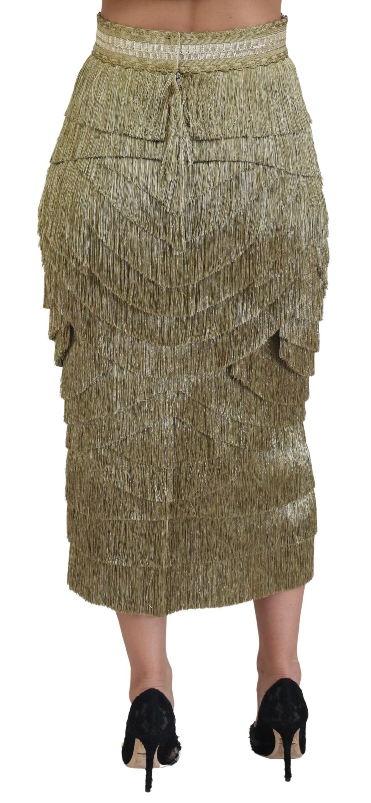 Dolce & Gabbana Gold Tiered Metallic Fringed Midi Silk Skirt -   -  Dolce & Gabbana.