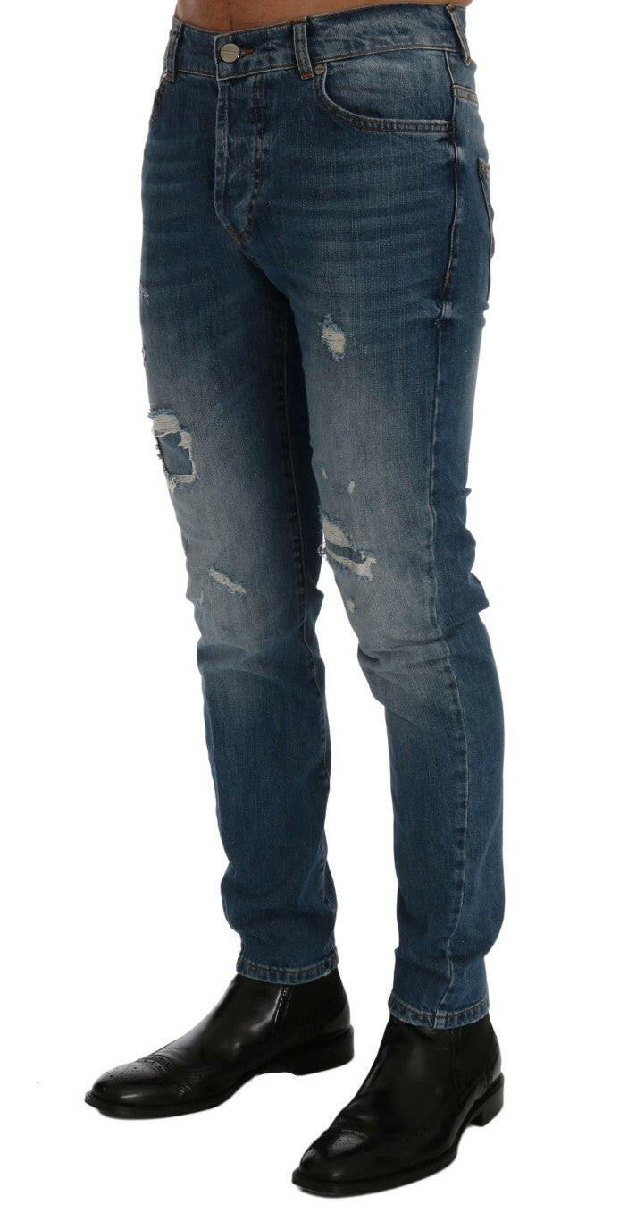 Frankie Morello Blue Wash Torn Dunfermile Slim Fit Jeans -   -  Frankie Morello.