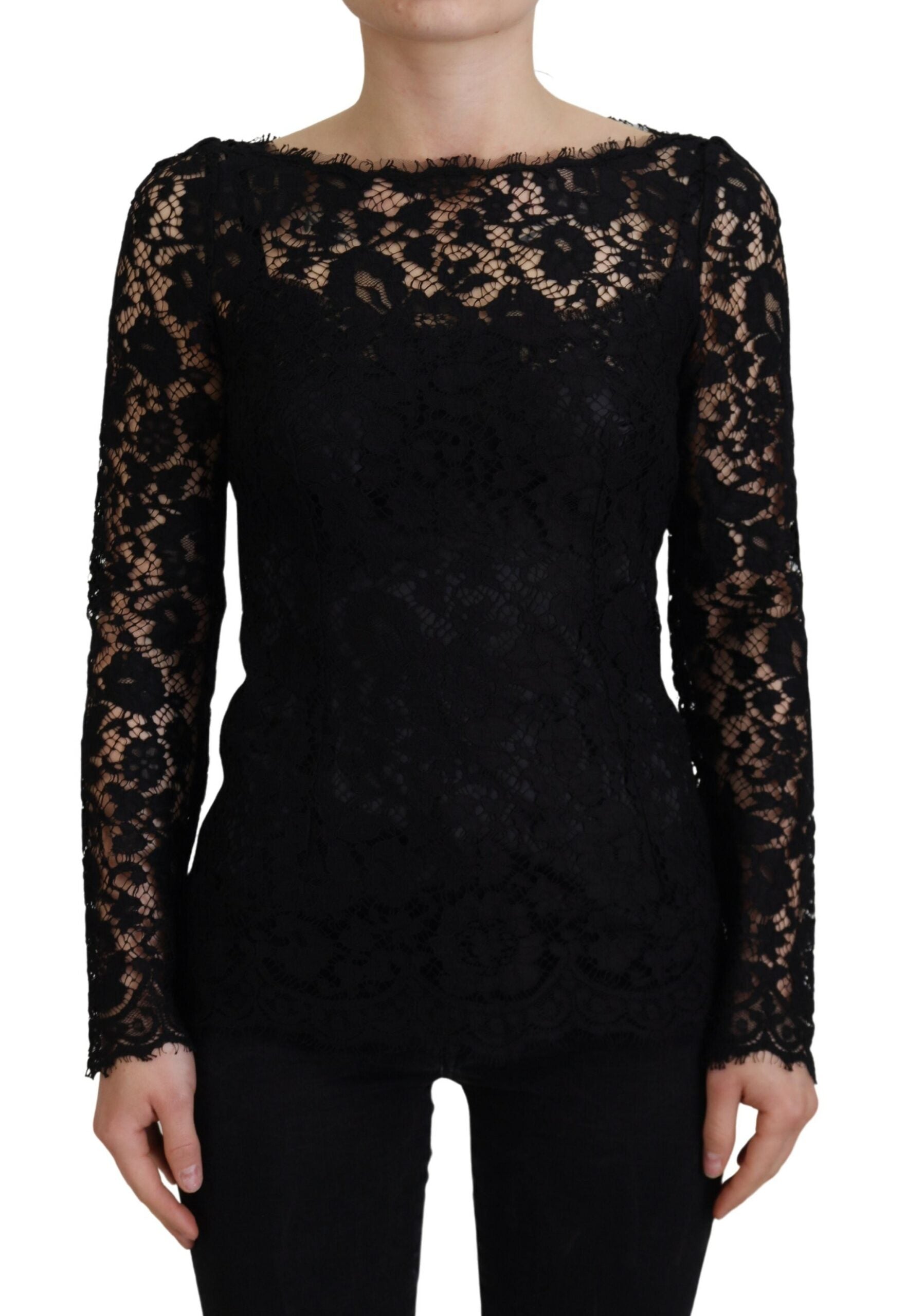 Dolce & Gabbana Black Cotton Lace Trim Long Sleeves Top -   -  Dolce & Gabbana.