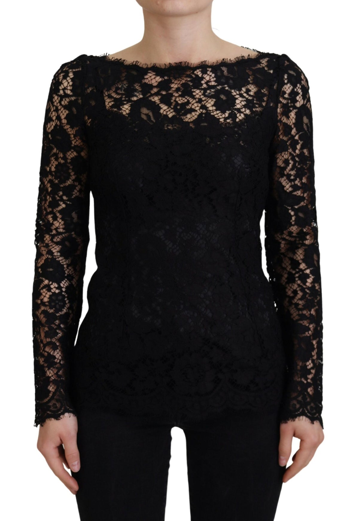 Dolce & Gabbana Black Cotton Lace Trim Long Sleeves Top -   -  Dolce & Gabbana.