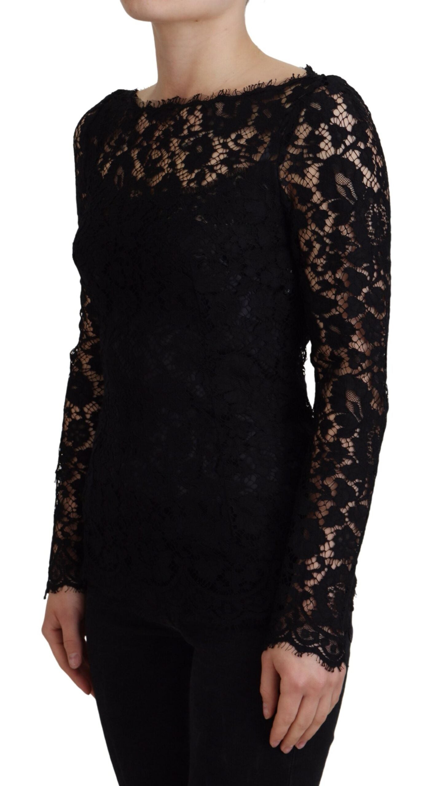 Dolce & Gabbana Black Cotton Lace Trim Long Sleeves Top -   -  Dolce & Gabbana.