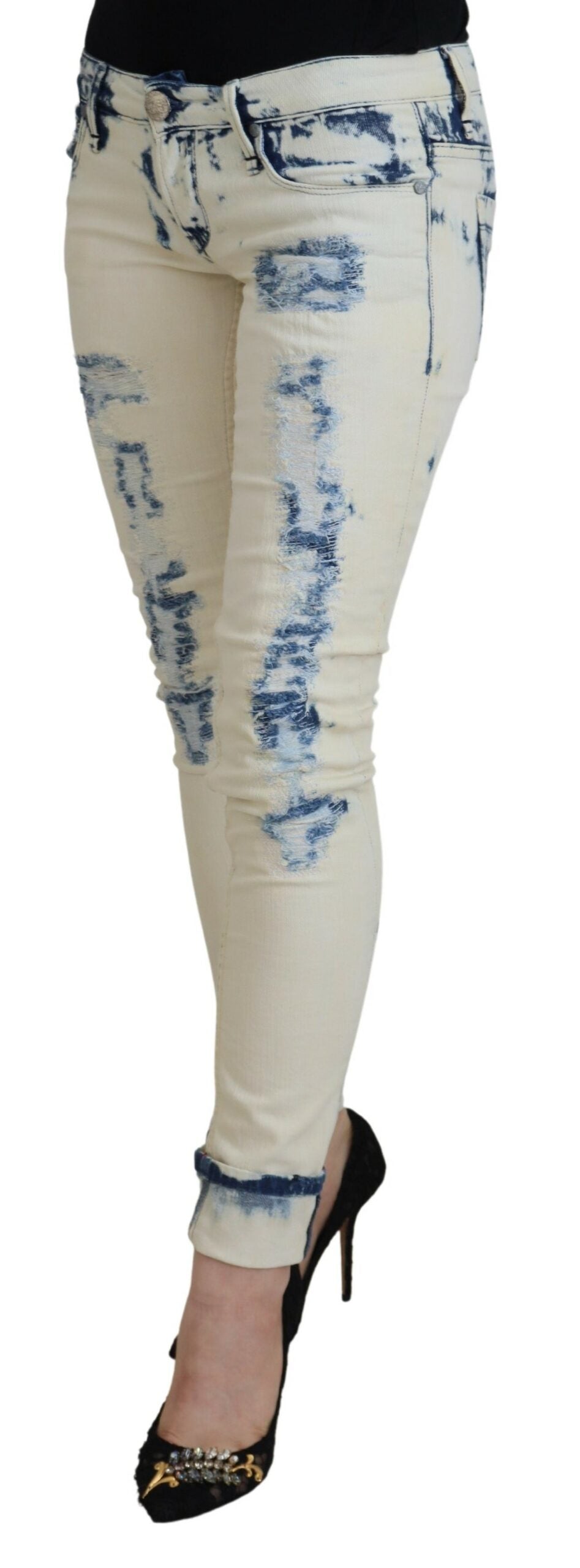Acht White Blue Cotton Skinny Women Tattered Denim Jeans -   -  Acht.