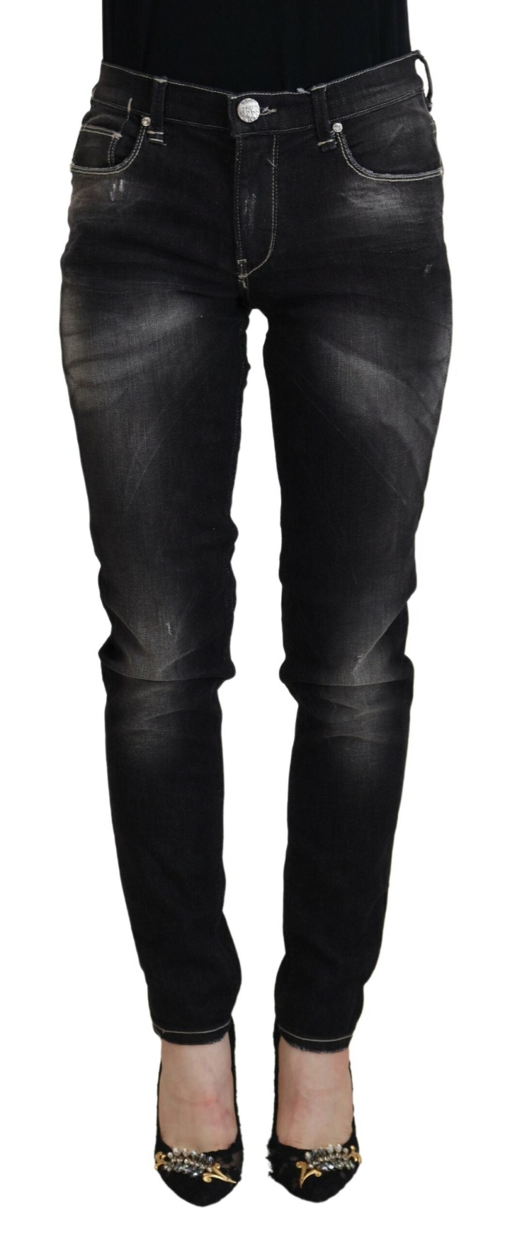 Acht Black Washed Mid Waist Tapered Women Casual Denim Jeans -   -  Acht.